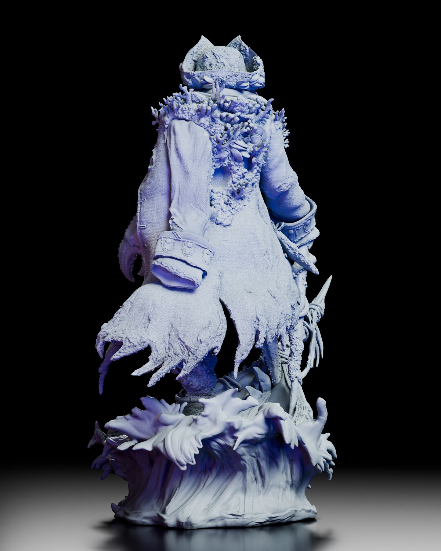 Back view of the Davy Jones figure kit showing the tattered coat, coral growth, and detailed barnacle textures.
