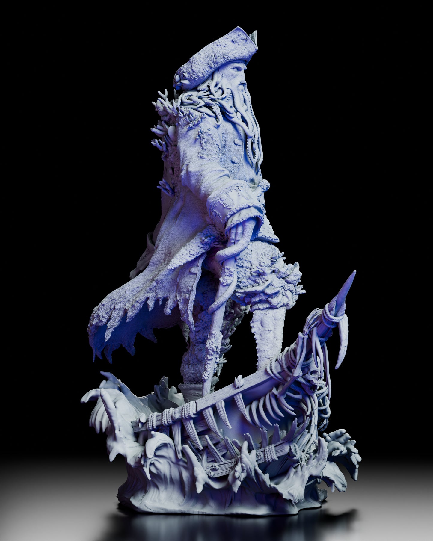 Right side profile of the Davy Jones figure kit showing the torn coat edges, coral textures, and curved ship rib base.
