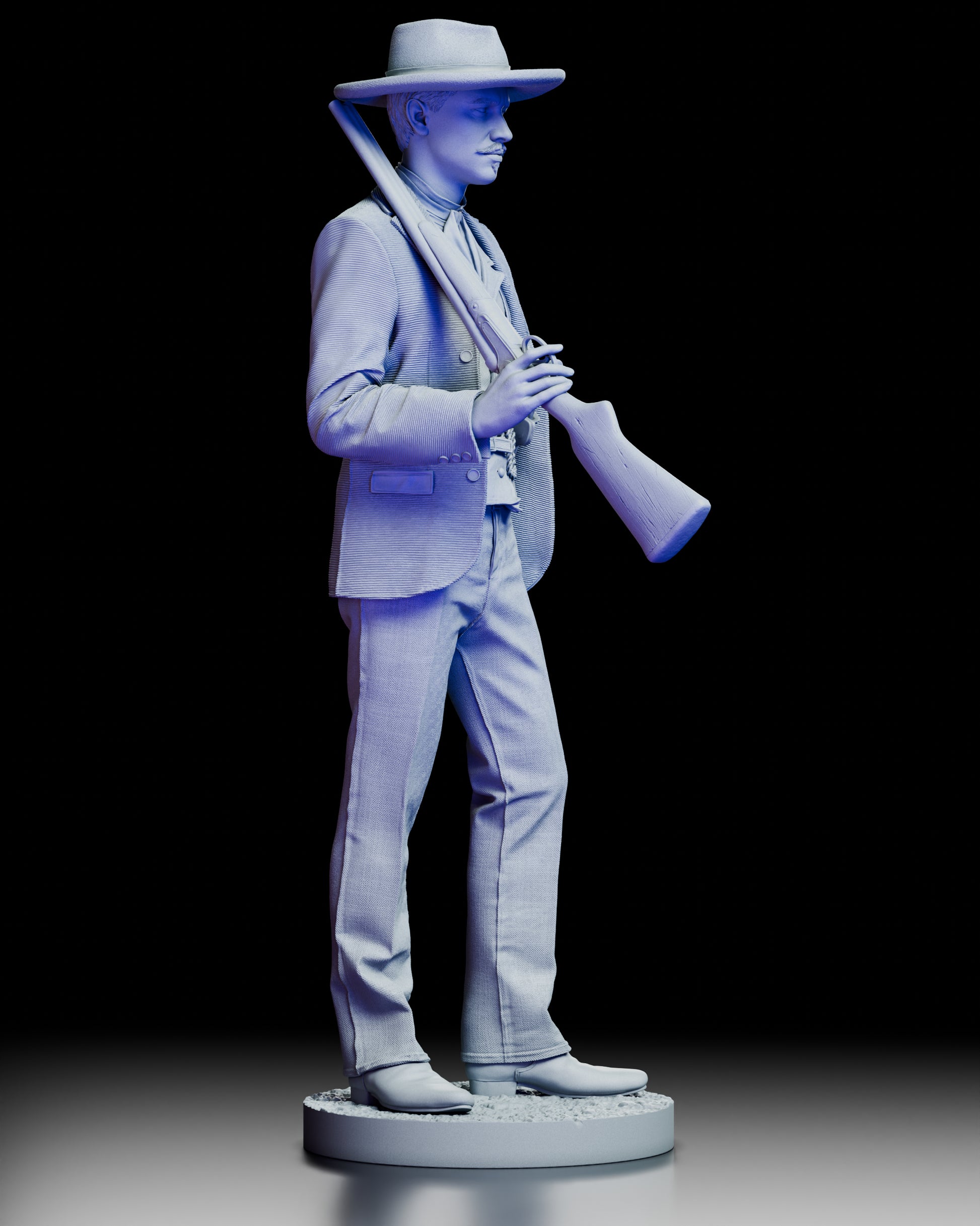Right side view of the Doc Holliday figure displaying the layered vest, jacket tailoring, and shotgun detail