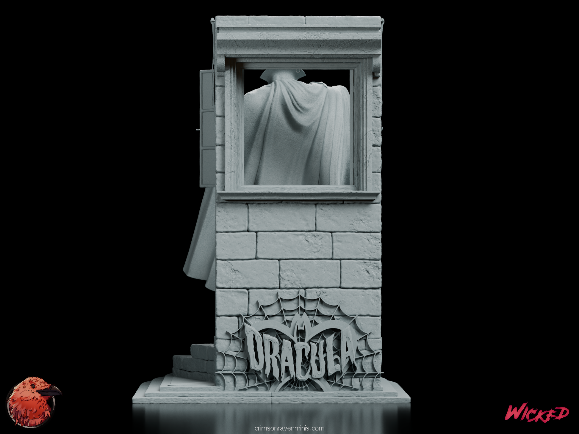 Back view of the Dracula statue featuring detailed gothic window and architectural elements