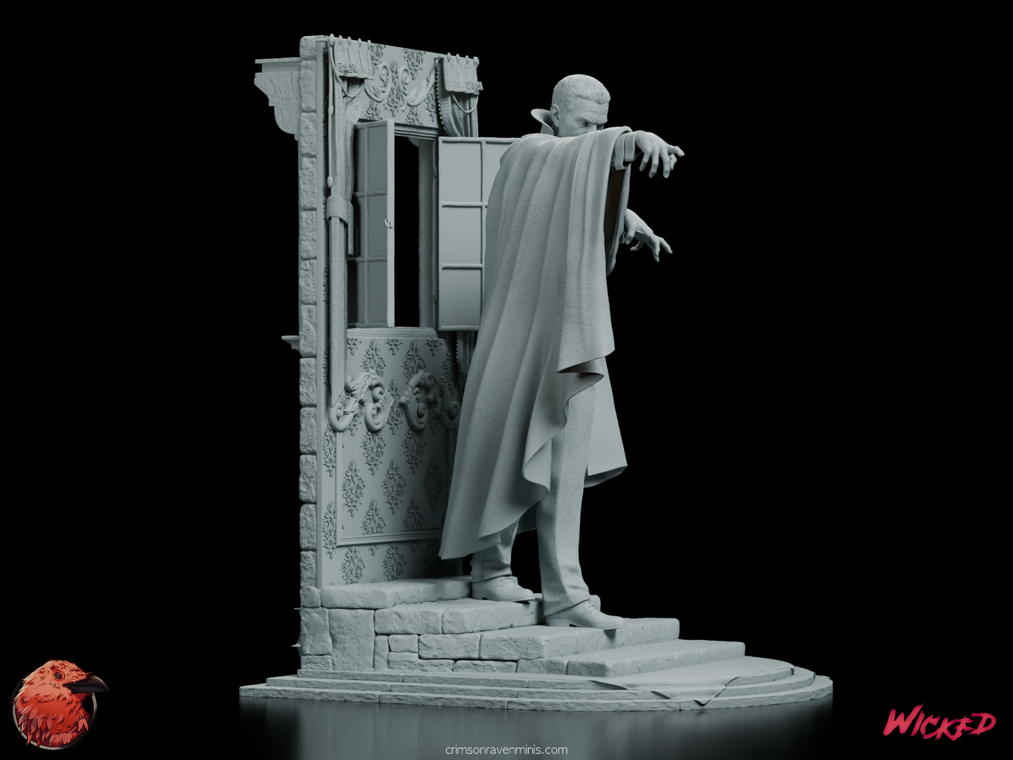 Dramatic side view of the Dracula statue with intricate gothic architecture details