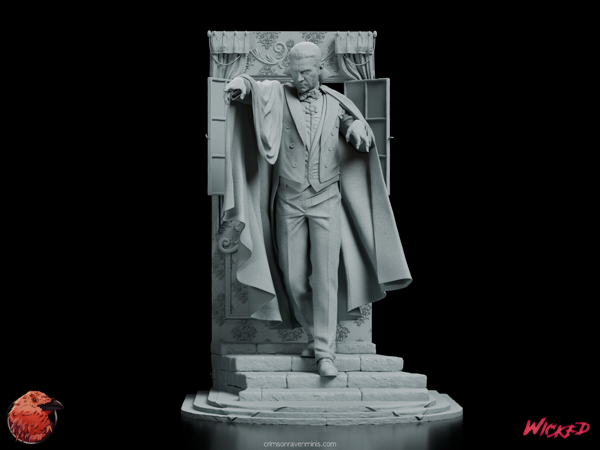 Front view of the Dracula statue model kit showcasing the Count emerging from his castle