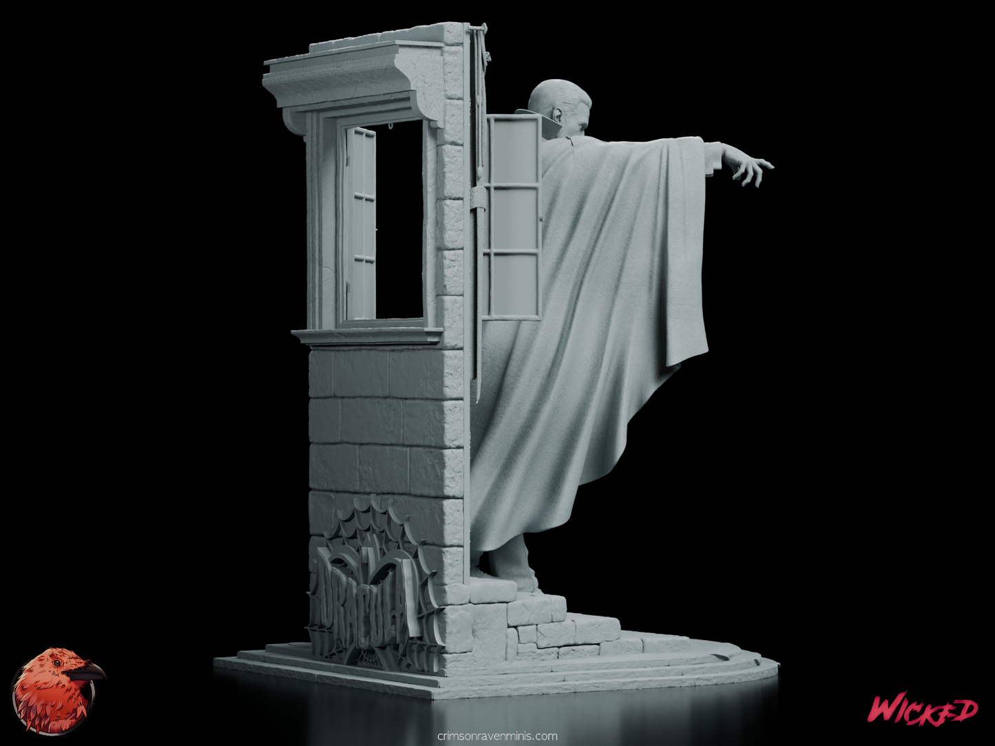 Angle showing the dramatic details of the Dracula statue with the gothic backdrop and window