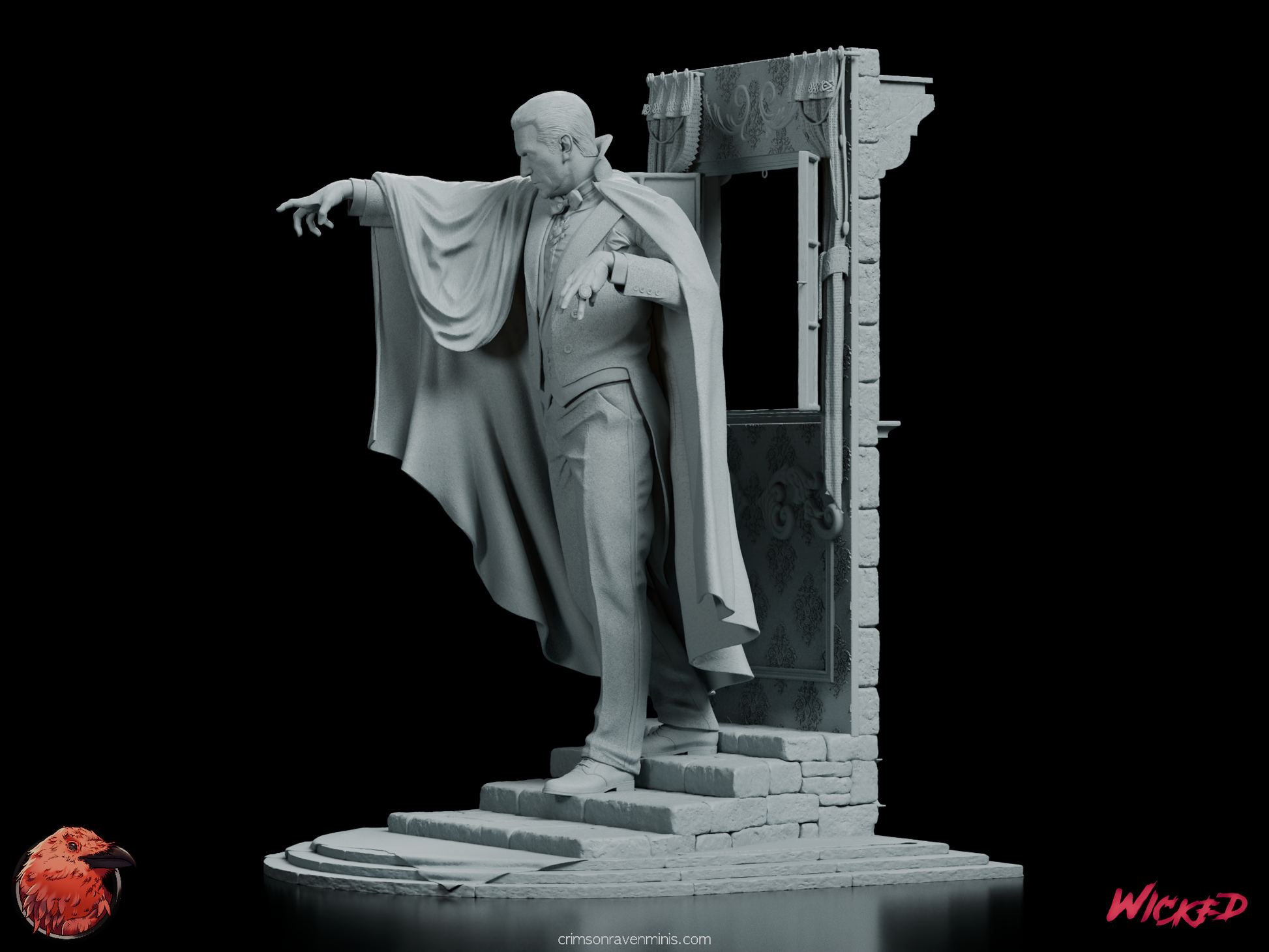 Side profile of Dracula reaching forward with a commanding pose, highlighting his flowing cape and gothic architecture