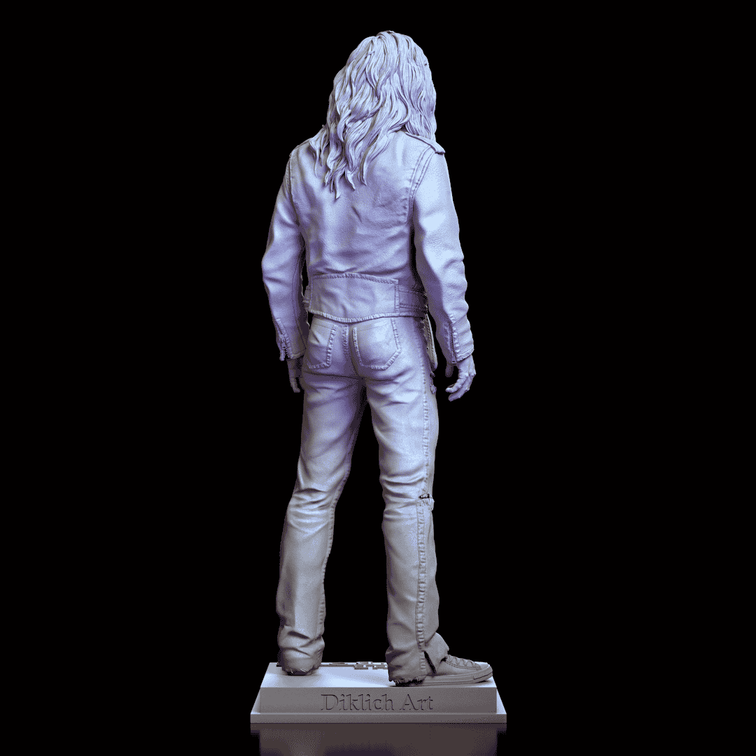 Rear view of Dwayne human maquette by Diklich Art revealing sculpted jacket back and base engraving
