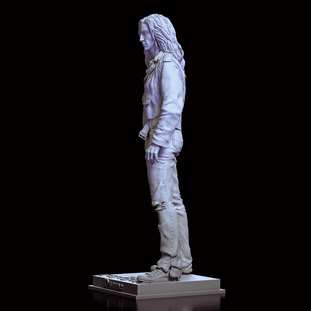 Left profile of Dwayne human maquette by Diklich Art highlighting layered jacket and textured hair