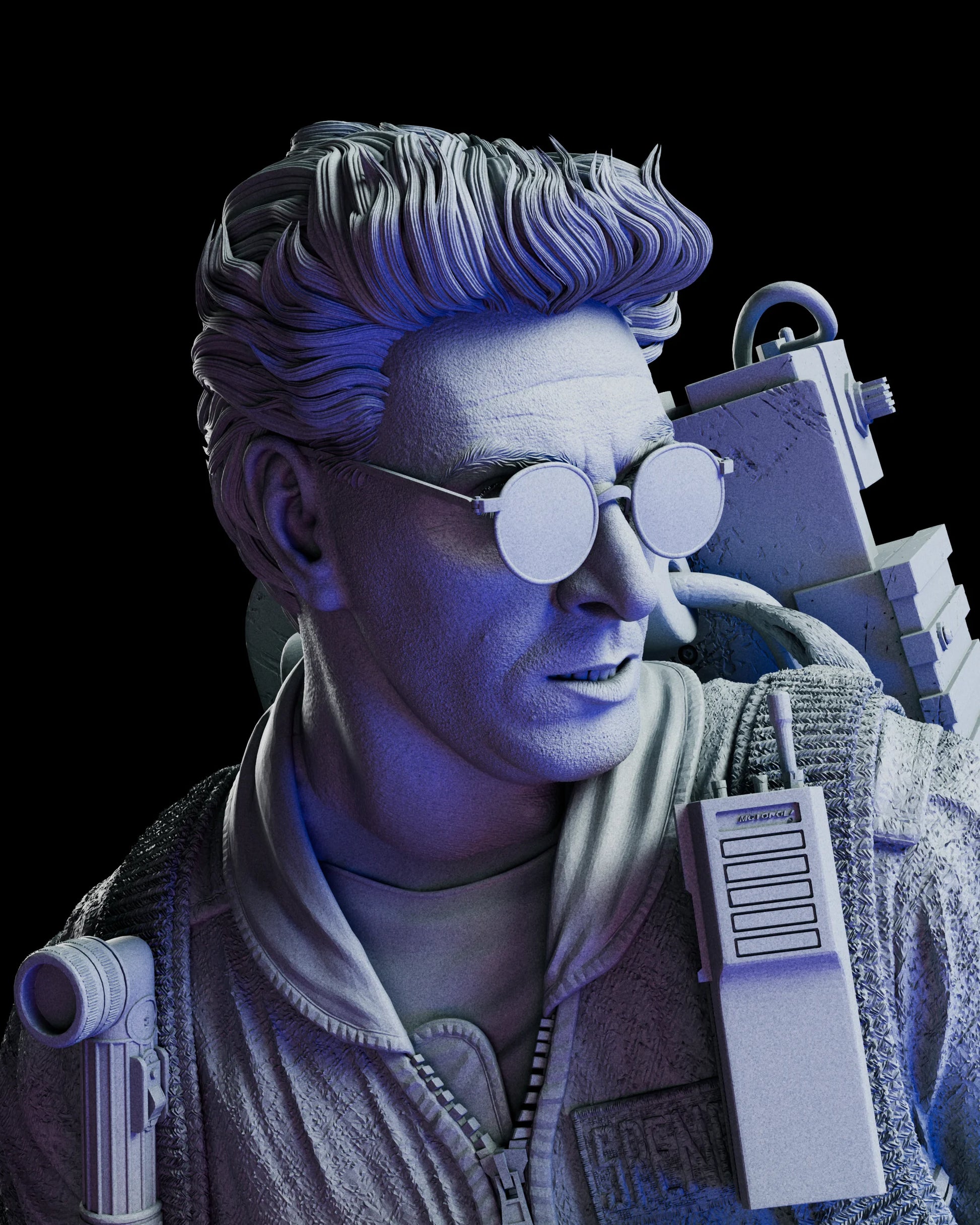 Close-up portrait showing Egon Spengler’s expression, glasses, and fine sculpting detail