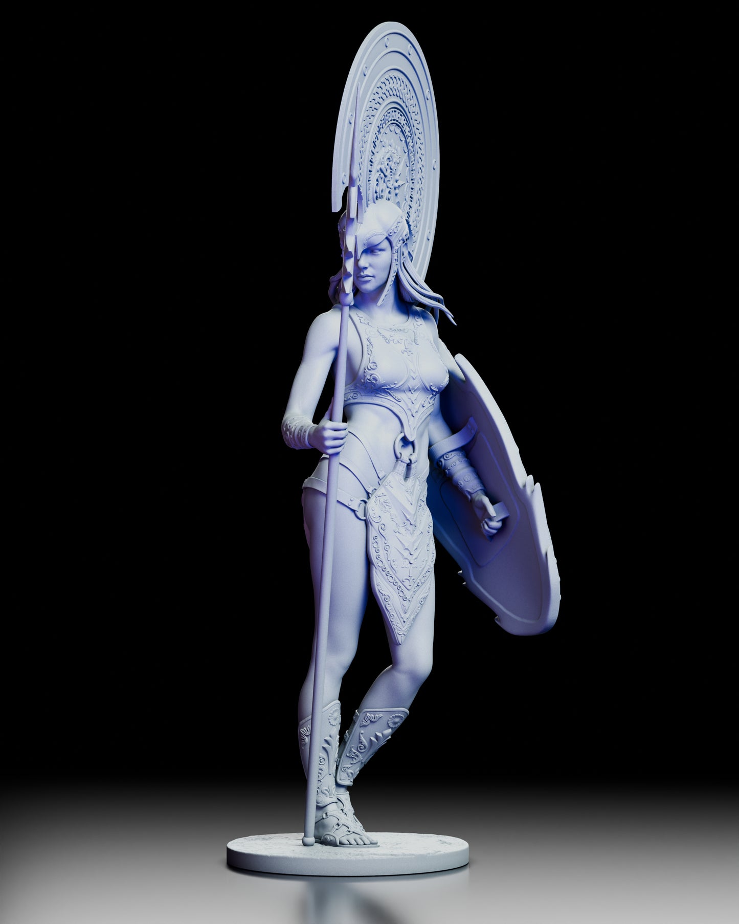 Right angle view of Enyo goddess statue highlighting intricate spear and armor detail