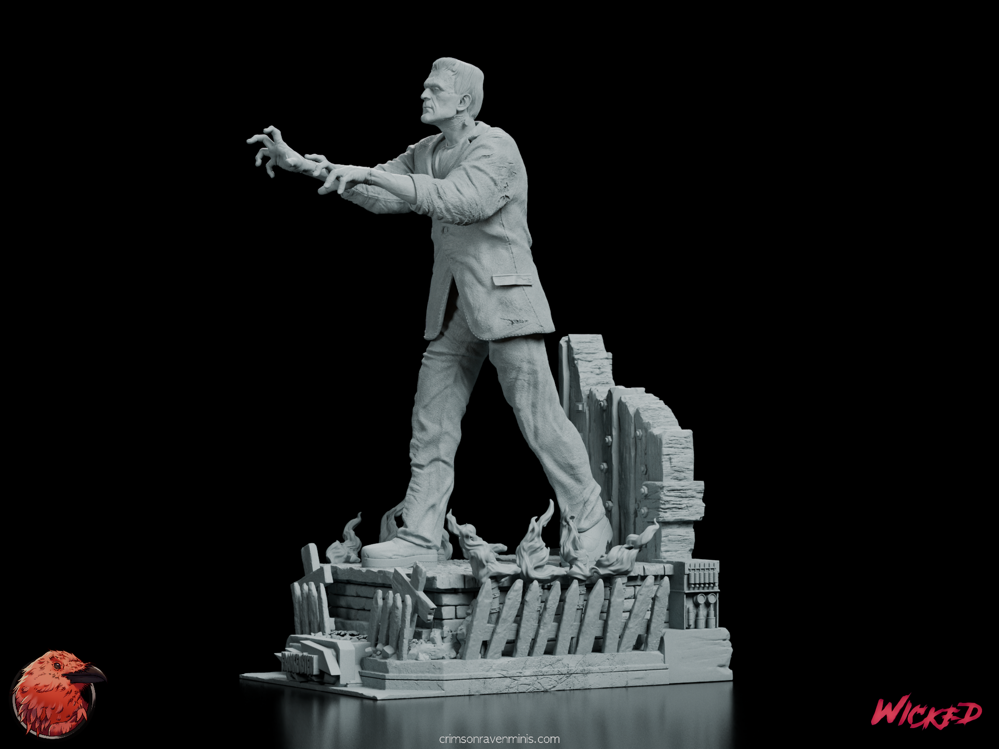 Angled view of Frankenstein's Monster figure model kit showcasing its dramatic pose and setting