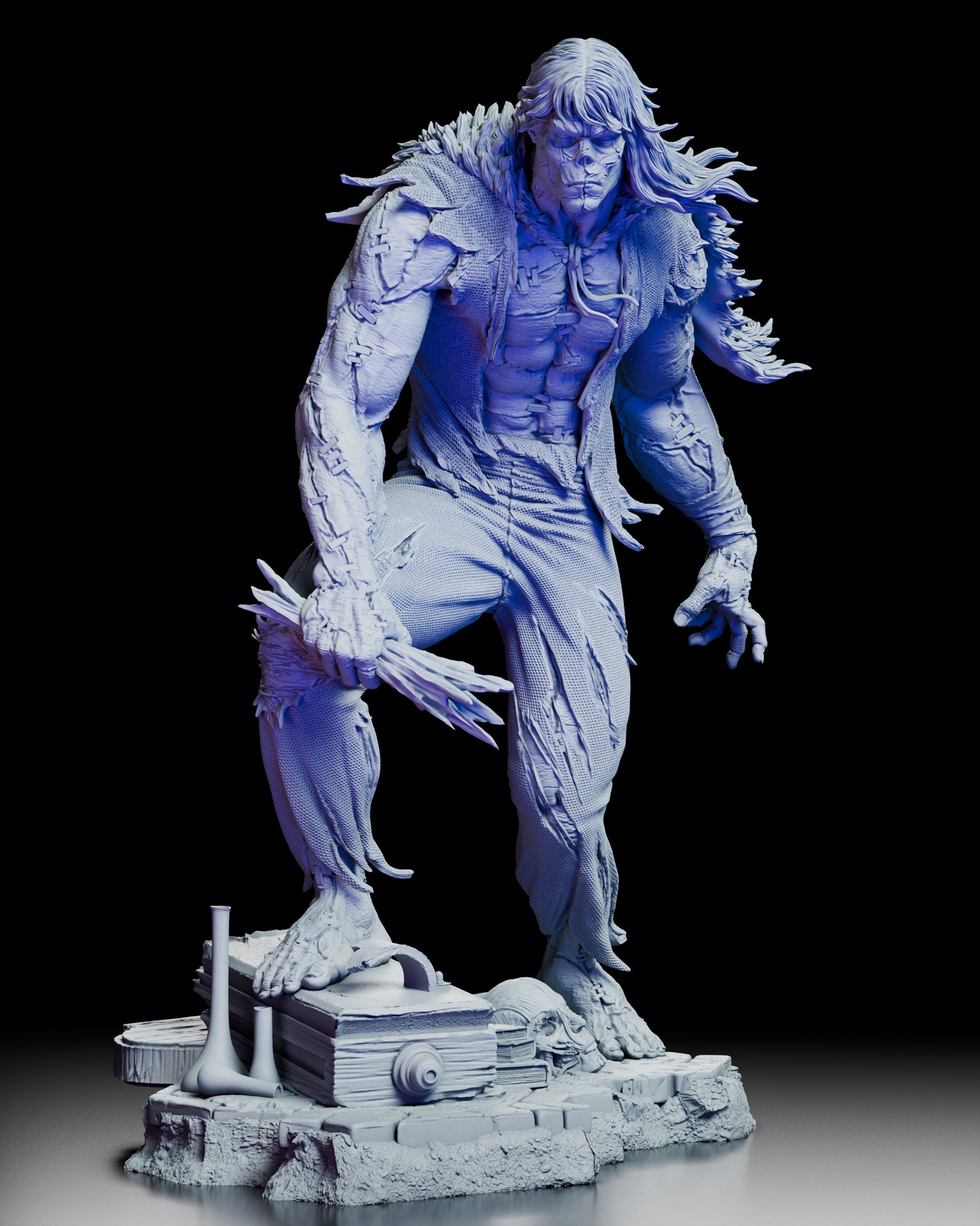 Front view of Frankenstein’s Monster figure kit showing alternate portrait muscular sculpting and detailed tattered clothing.

