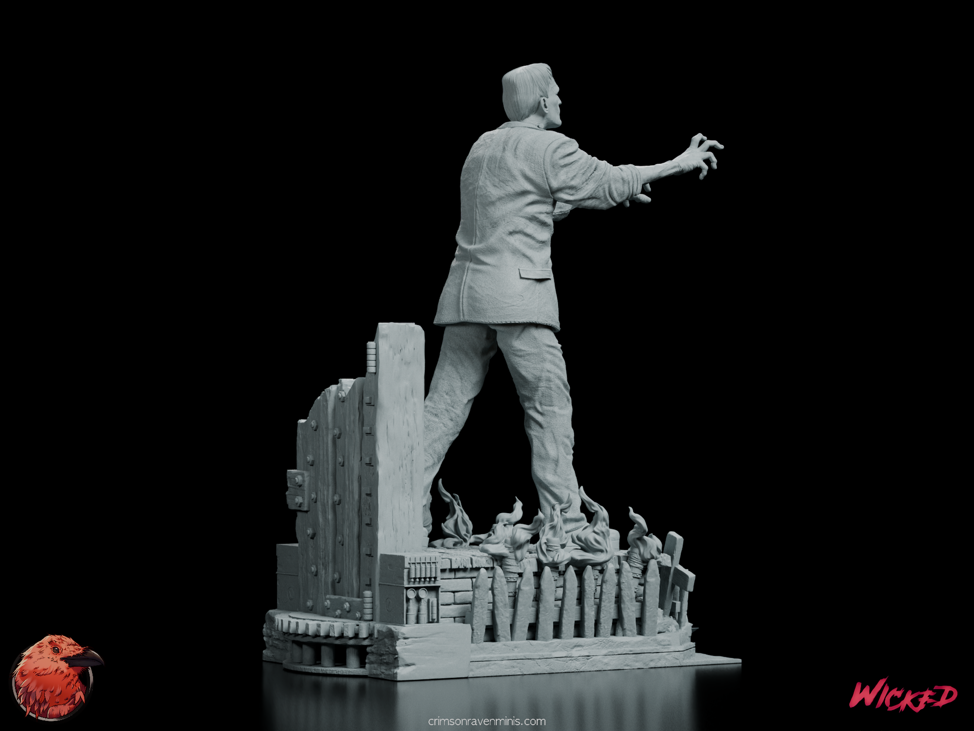 Right rear side view of Frankenstein's Monster figure model kit showing intricate details and laboratory-style base