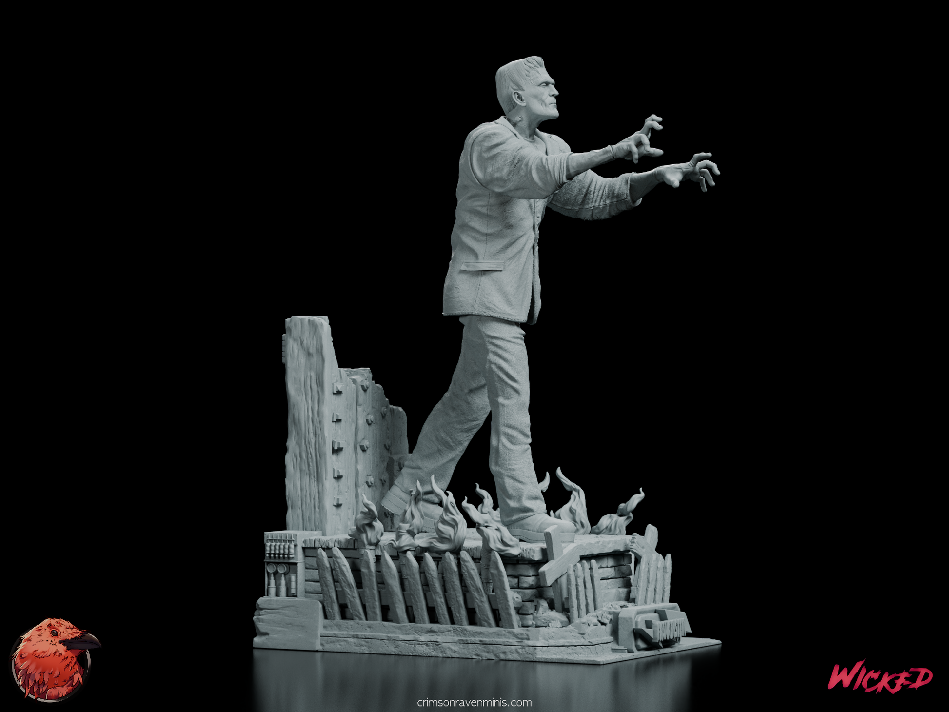 Side view of Frankenstein's Monster figure model kit showing intricate details and laboratory-style base