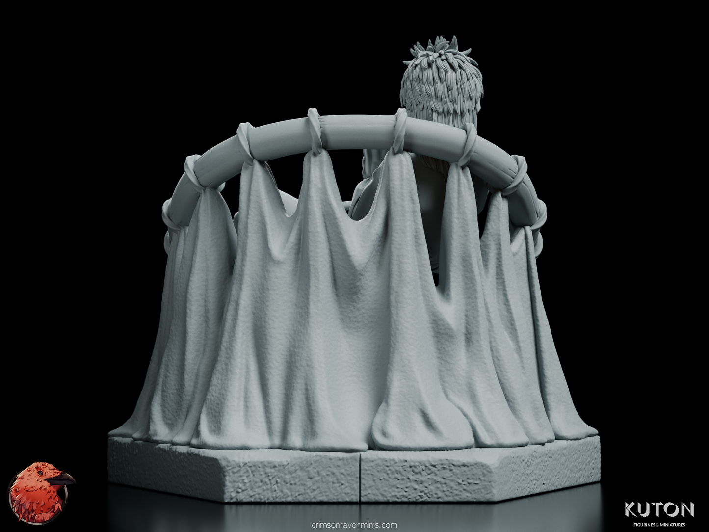 Back view of The Goblin King figurine showcasing the draped fabric detailing of the throne