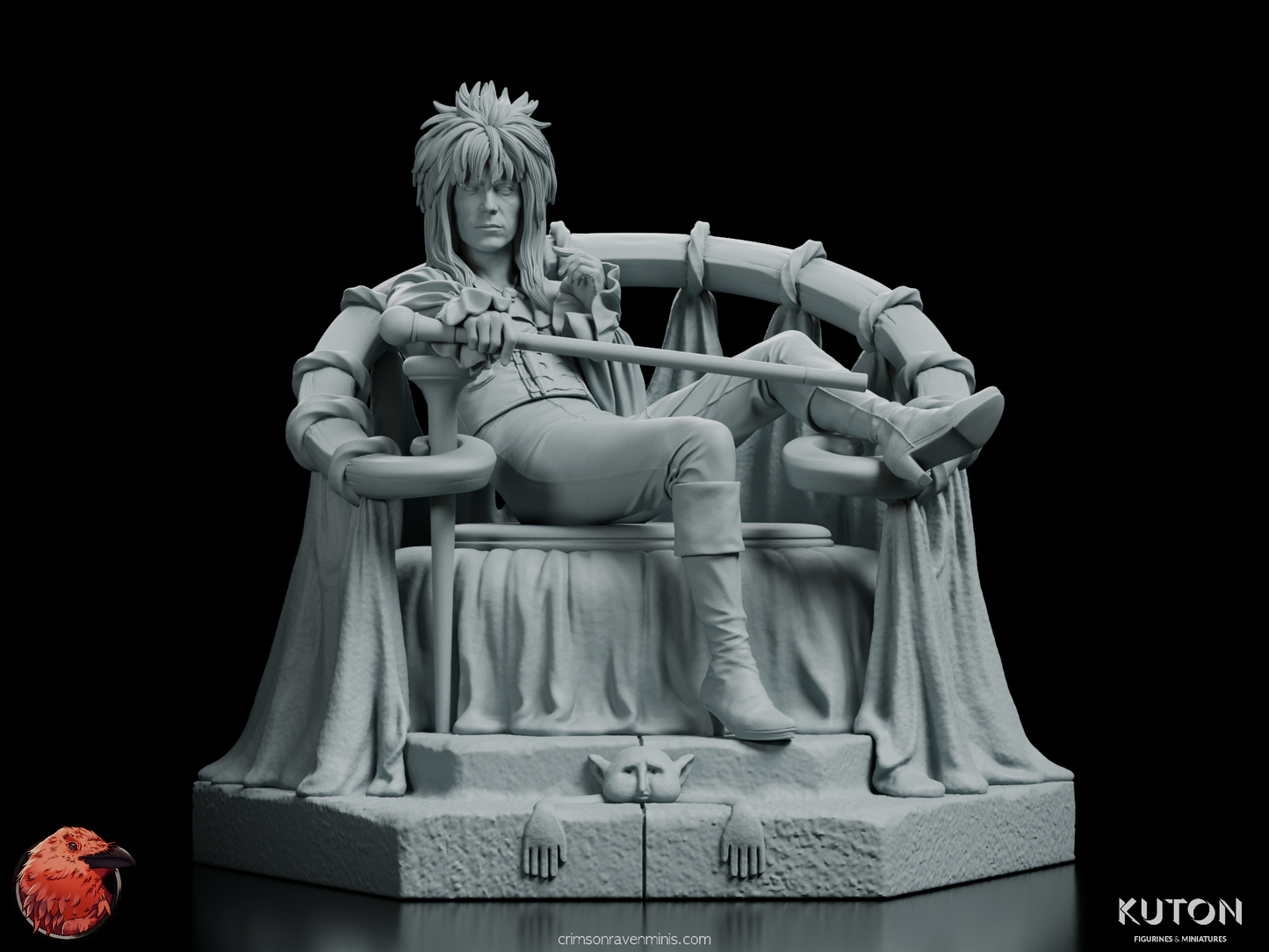 Direct front view of The Goblin King figurine seated on his throne with detailed base elements