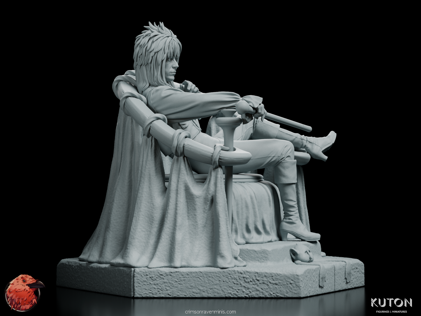 Dramatic side view of The Goblin King figurine holding a scepter and displaying intricate throne details