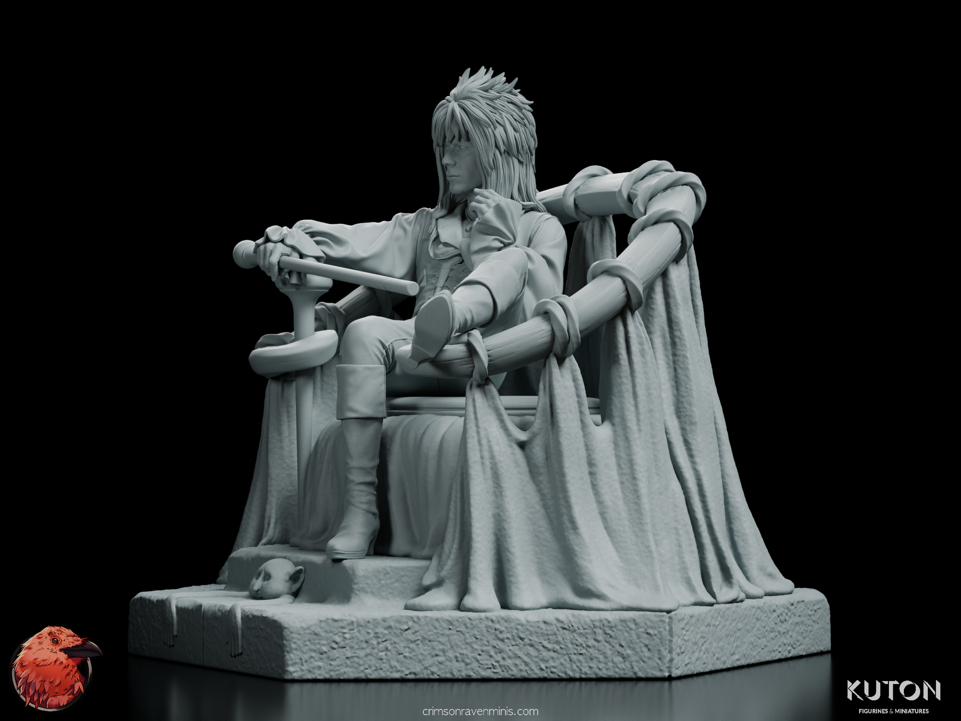 Front angled view of The Goblin King figurine holding a scepter while seated on his throne