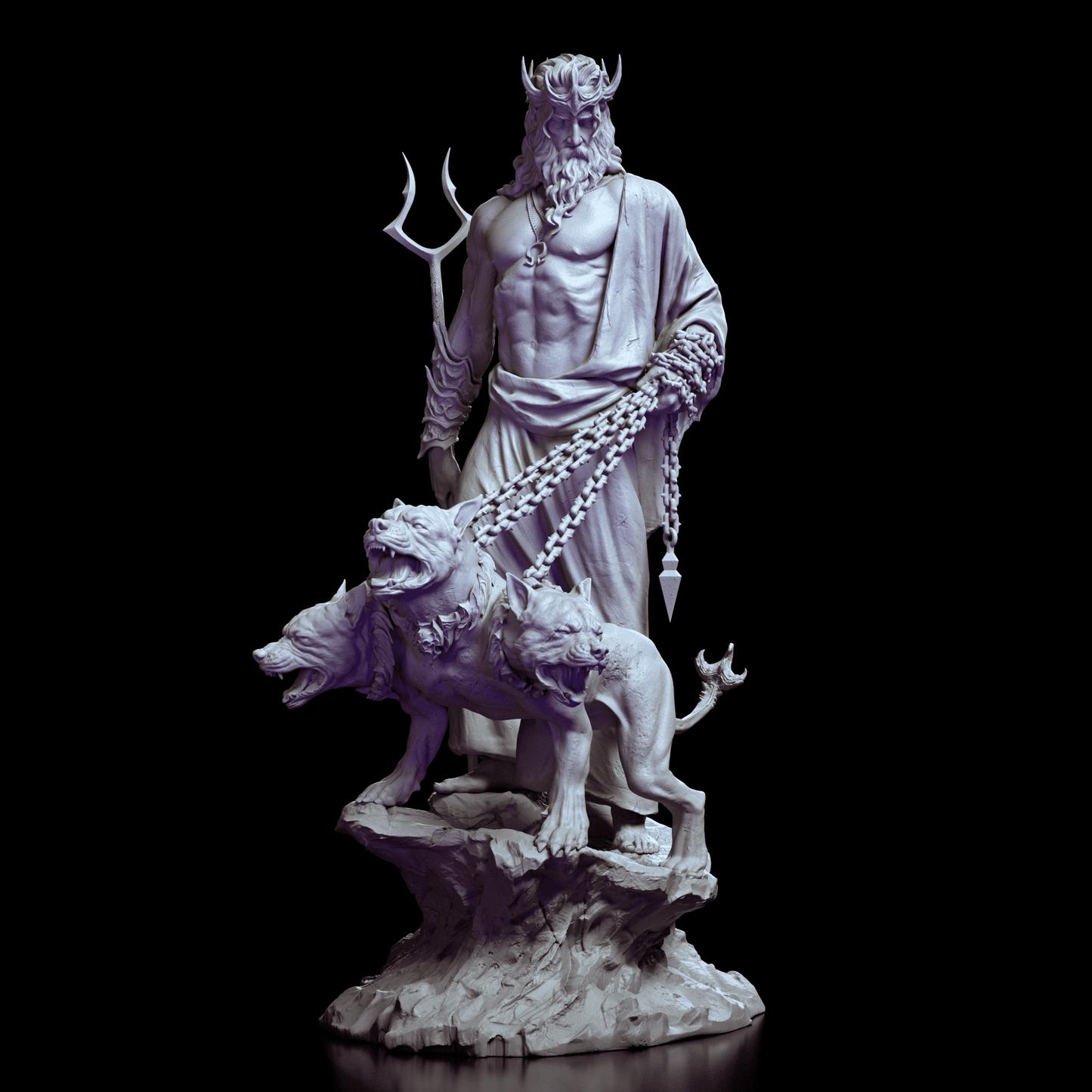 Front view of Hades figure model holding a trident, standing beside the three-headed Cerberus.