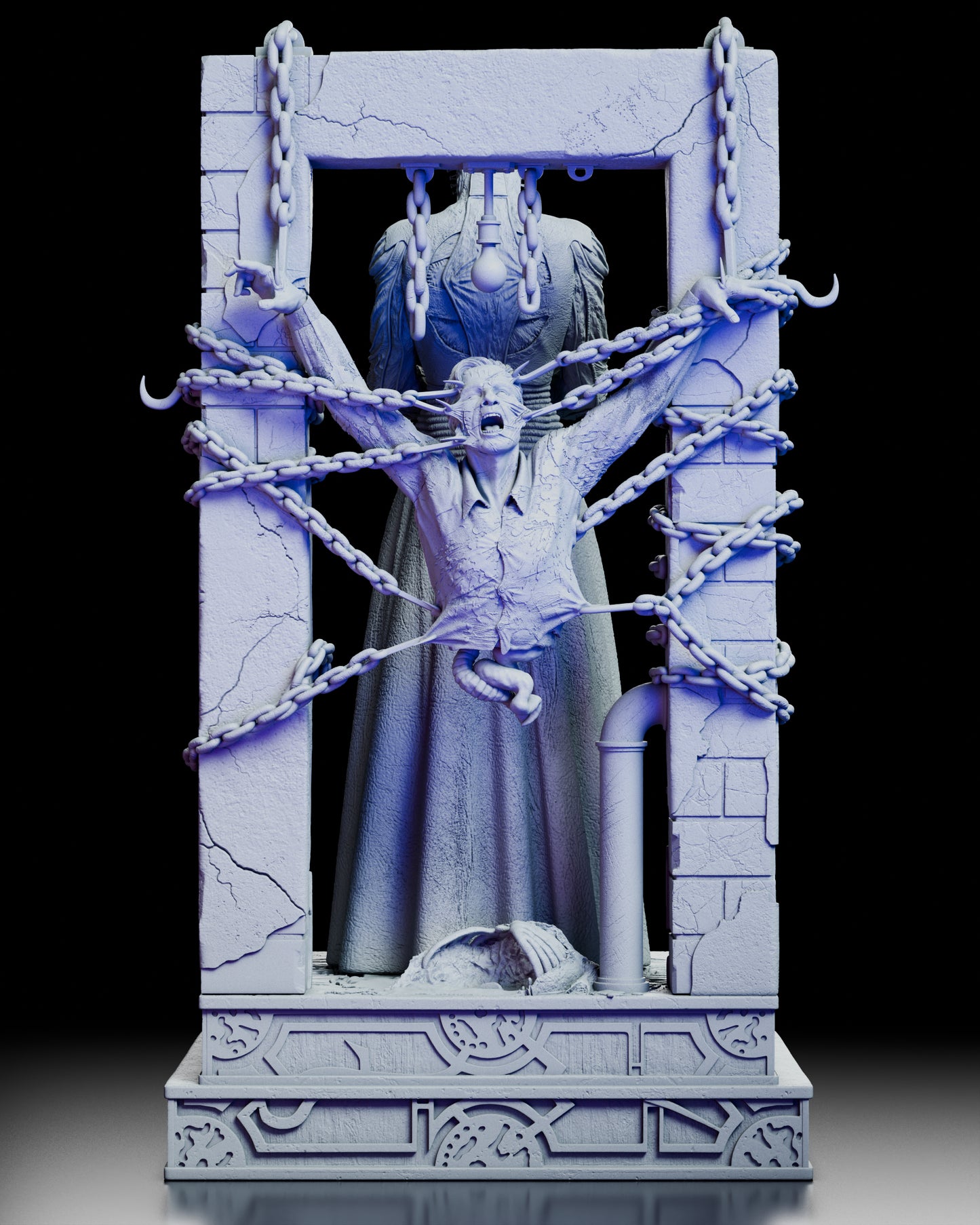 Back view of The Hell Priest figure kit showing the chained torment frame and suspended victim behind the central figure.