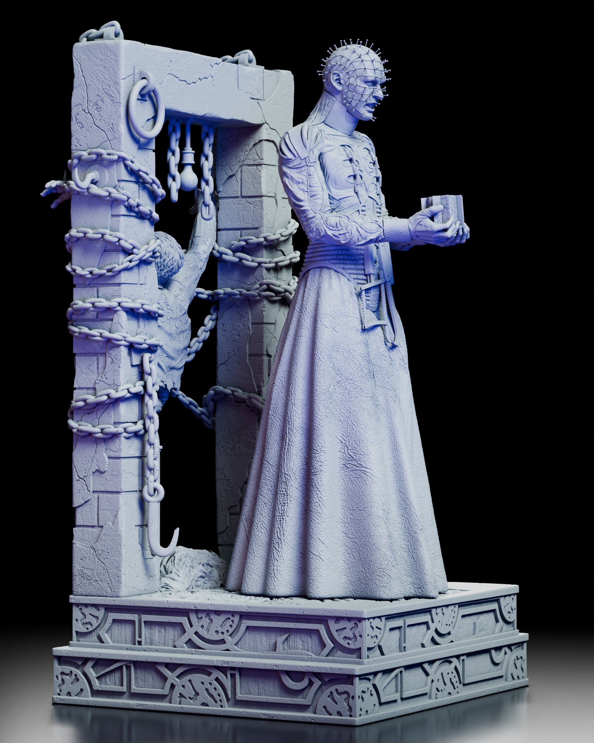 Right side view of The Hell Priest figure kit highlighting the sculpted pins, leather detailing, hooks, chains, and the tortured figure on the frame.