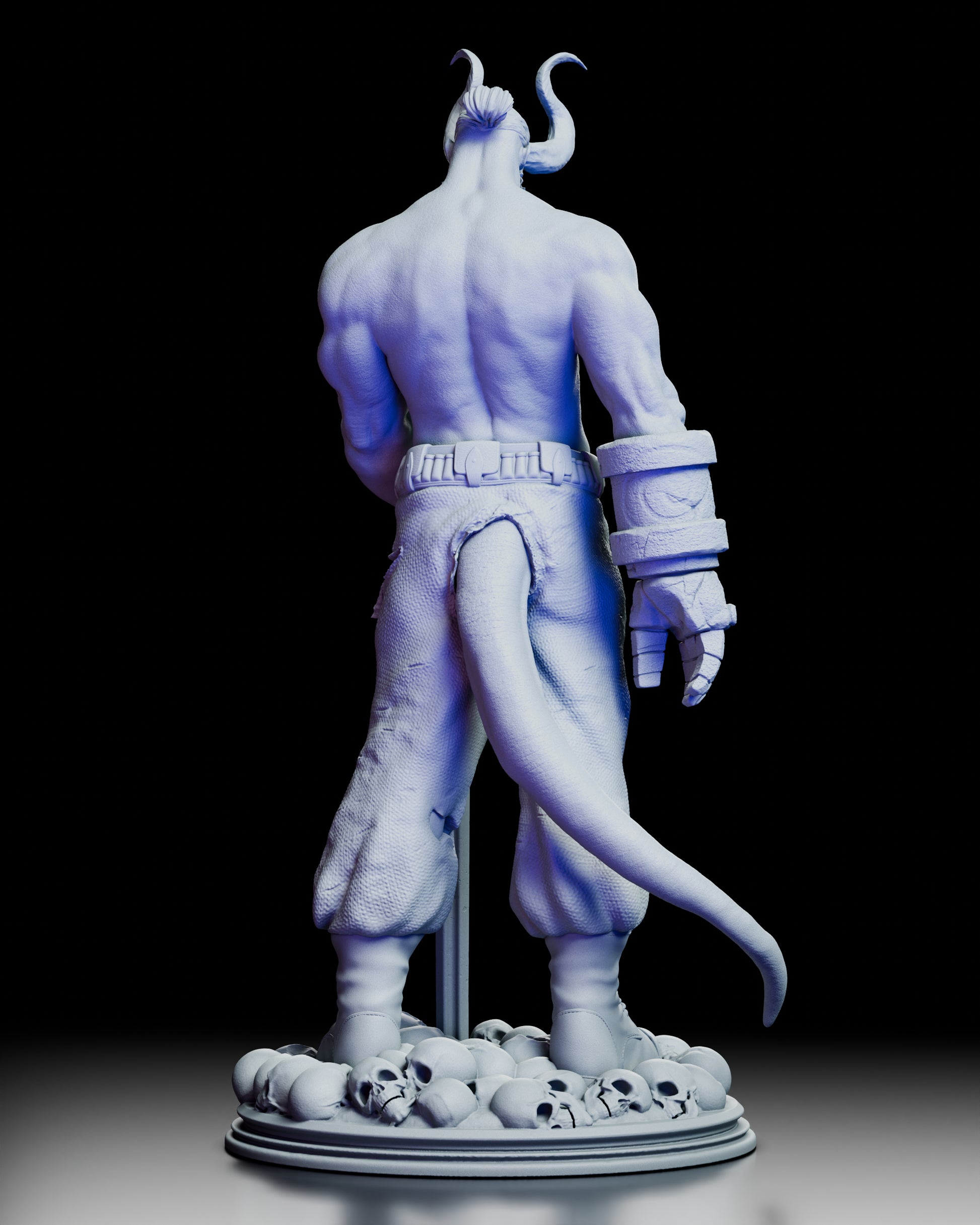 Rear view of the Hellboy Figure Kit displaying the muscular back, tail, and detailed base of skulls