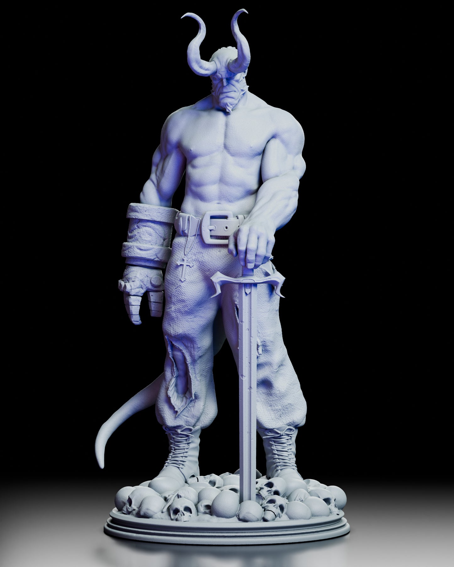 Front view of the Hellboy Figure Kit by CA3D, showing the hero standing over skulls with sword planted in front