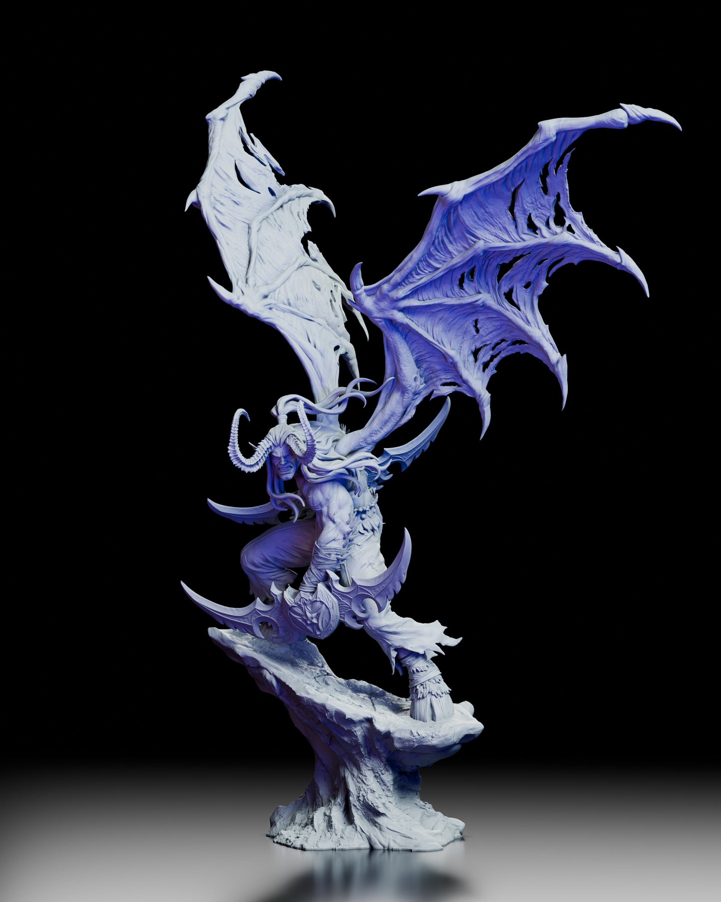 Front view of the Illidan Stormrage figure kit featuring the iconic warglaives, demonic stance, and detailed muscular sculpt.
