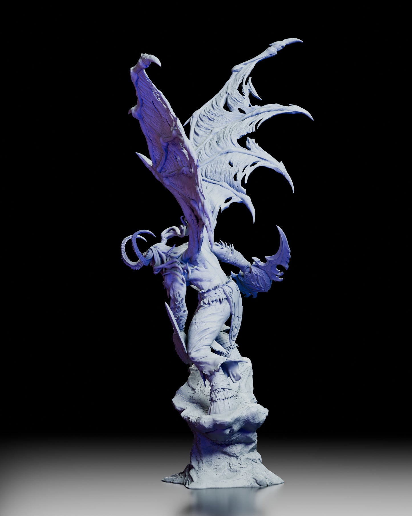 Left side profile of the Illidan Stormrage figure kit highlighting the flowing hair, engraved warglaive, and dramatic wing structure.
