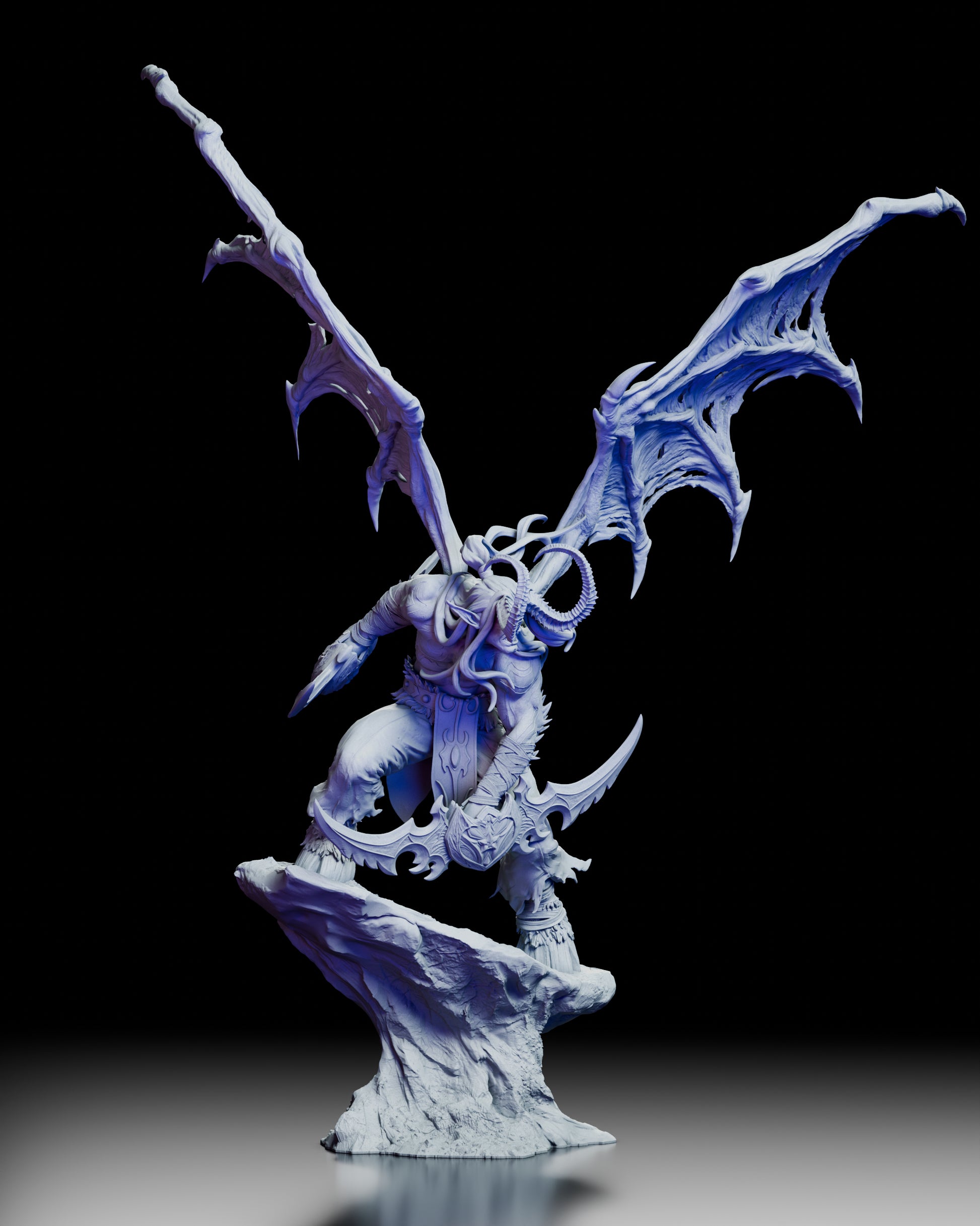 Right side profile of the Illidan Stormrage figure kit showing the intricate wing membranes, horn details, and rocky display base.
