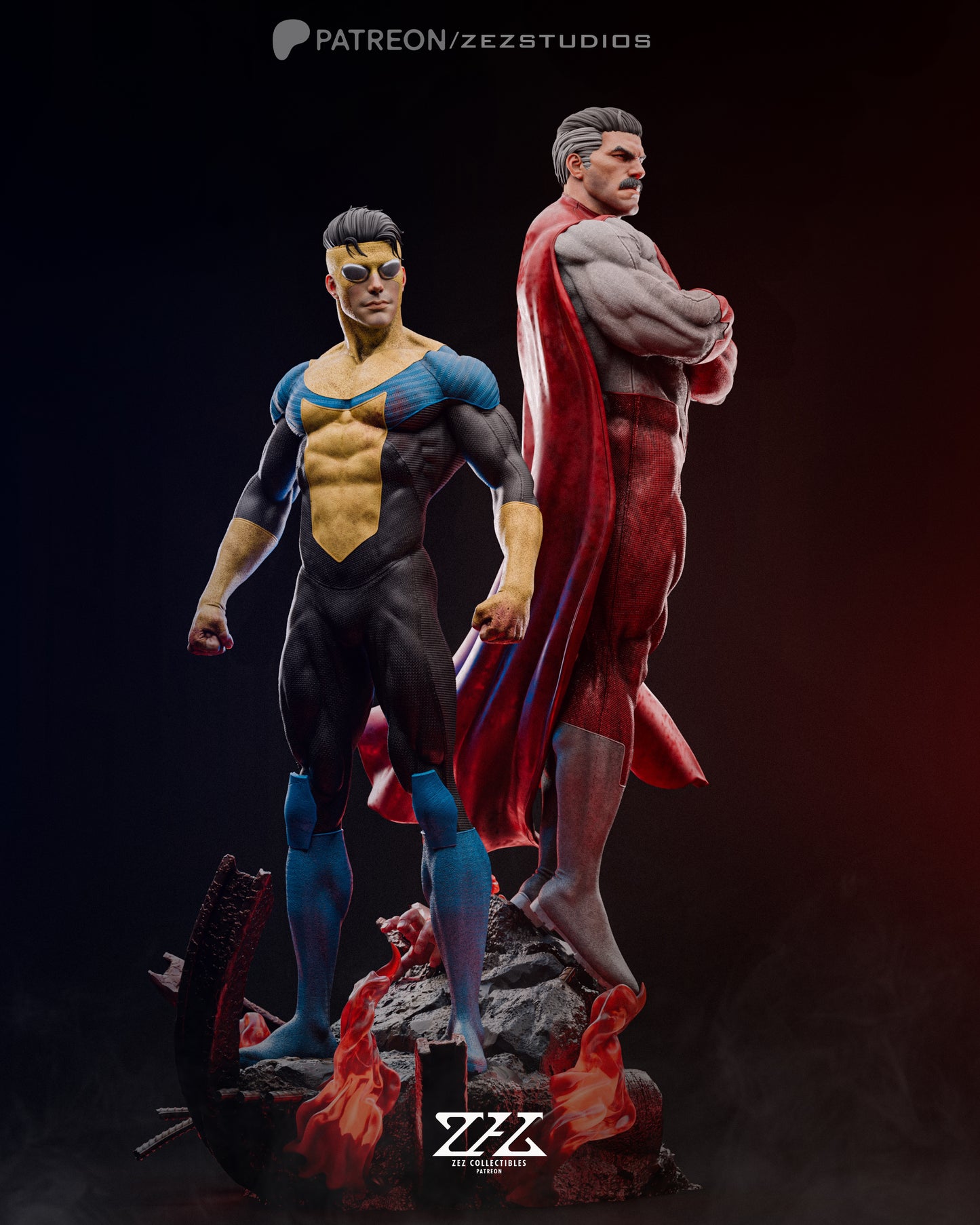 Angled view highlighting the intricate details of Invincible and Omni-Man figurines
