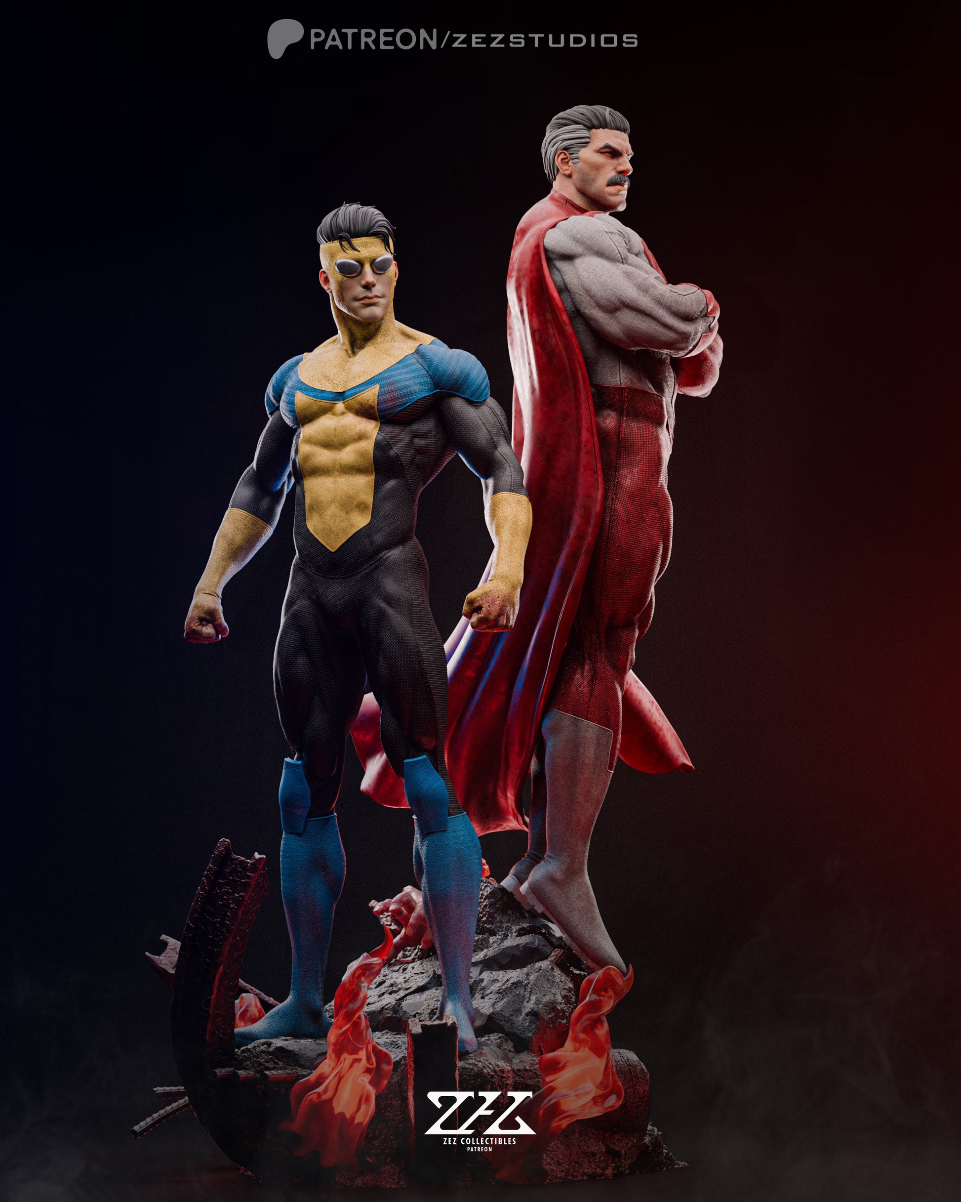 Angled view highlighting the intricate details of Invincible and Omni-Man figurines
