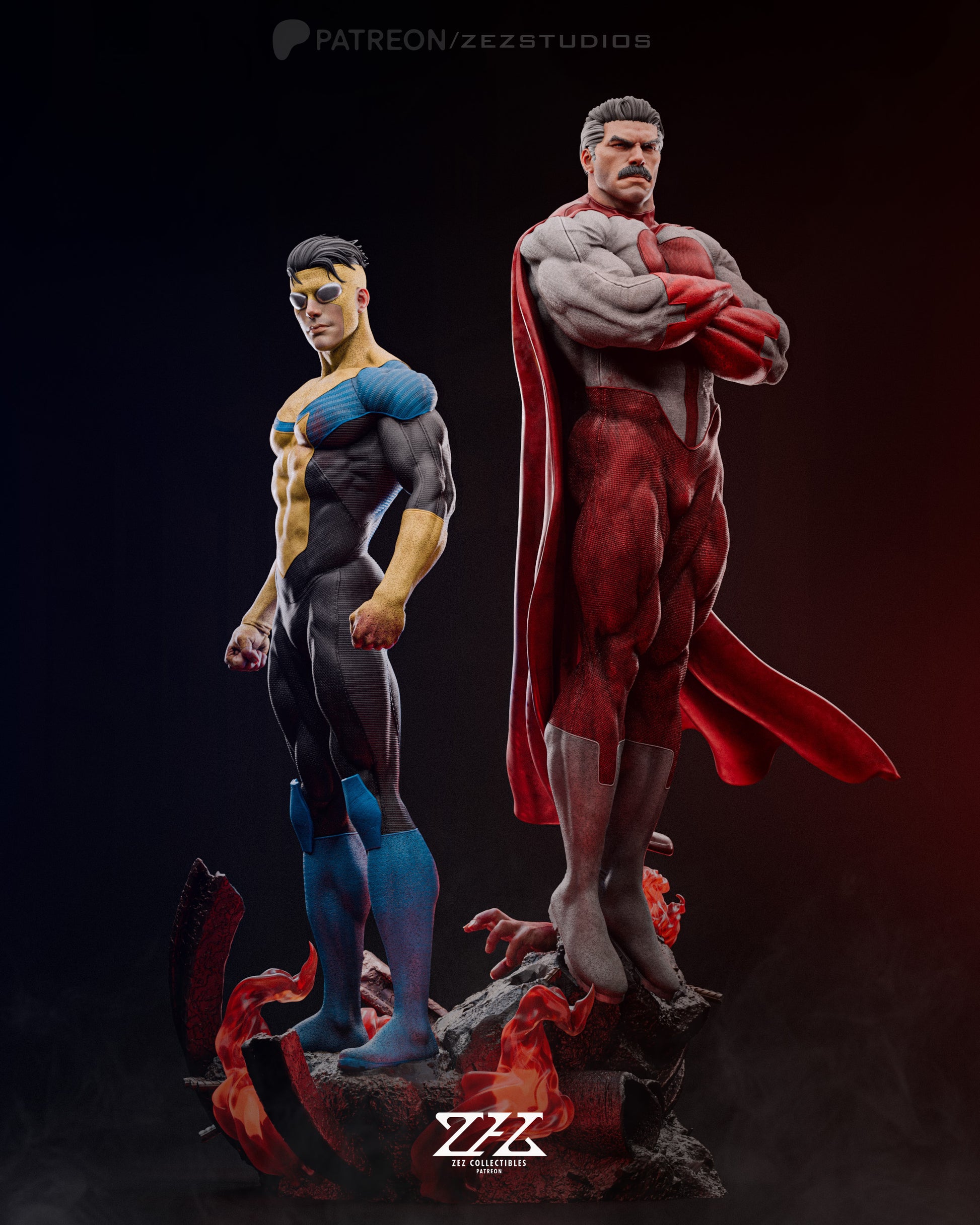 Front view of Invincible and Omni-Man premium-format figurines with a fiery base
