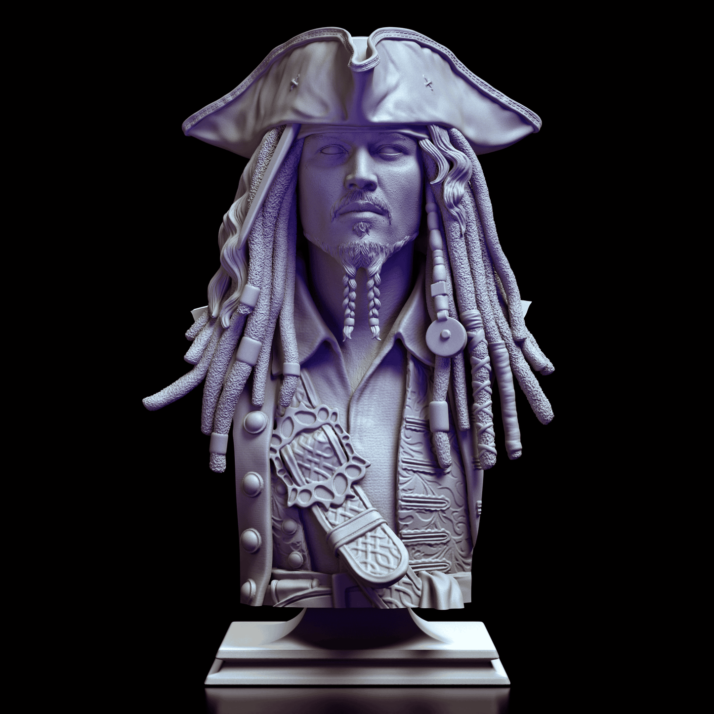 Front view of the Captain Jack Sparrow bust capturing the iconic expression, intricate accessories, and pirate attire.