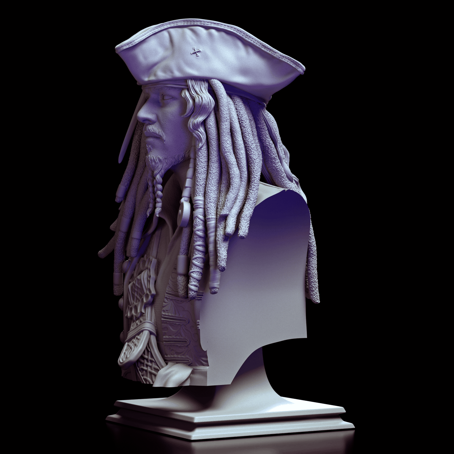 Left-side view of the Captain Jack Sparrow bust emphasizing the detailed craftsmanship of the hat, hair, and attire.