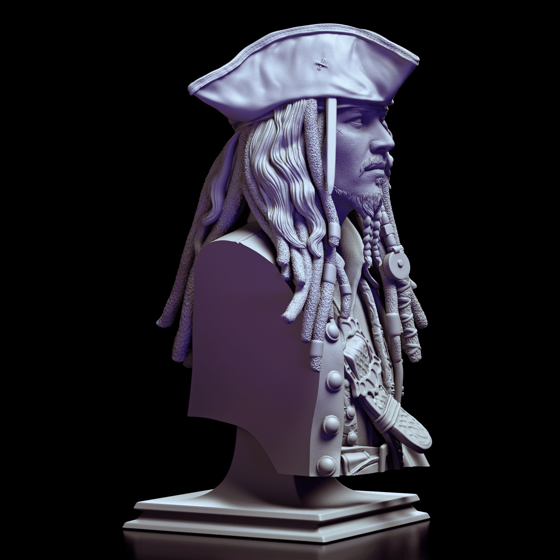 Right-side view of the Captain Jack Sparrow bust showcasing intricate details of the dreadlocks, hat, and pirate attire.