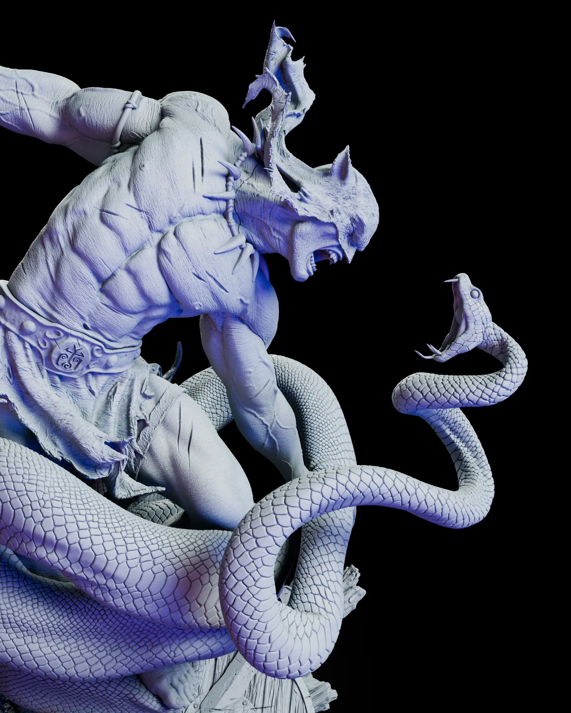 Dynamic perspective view emphasizing motion between serpent coils and the poised axe strike
