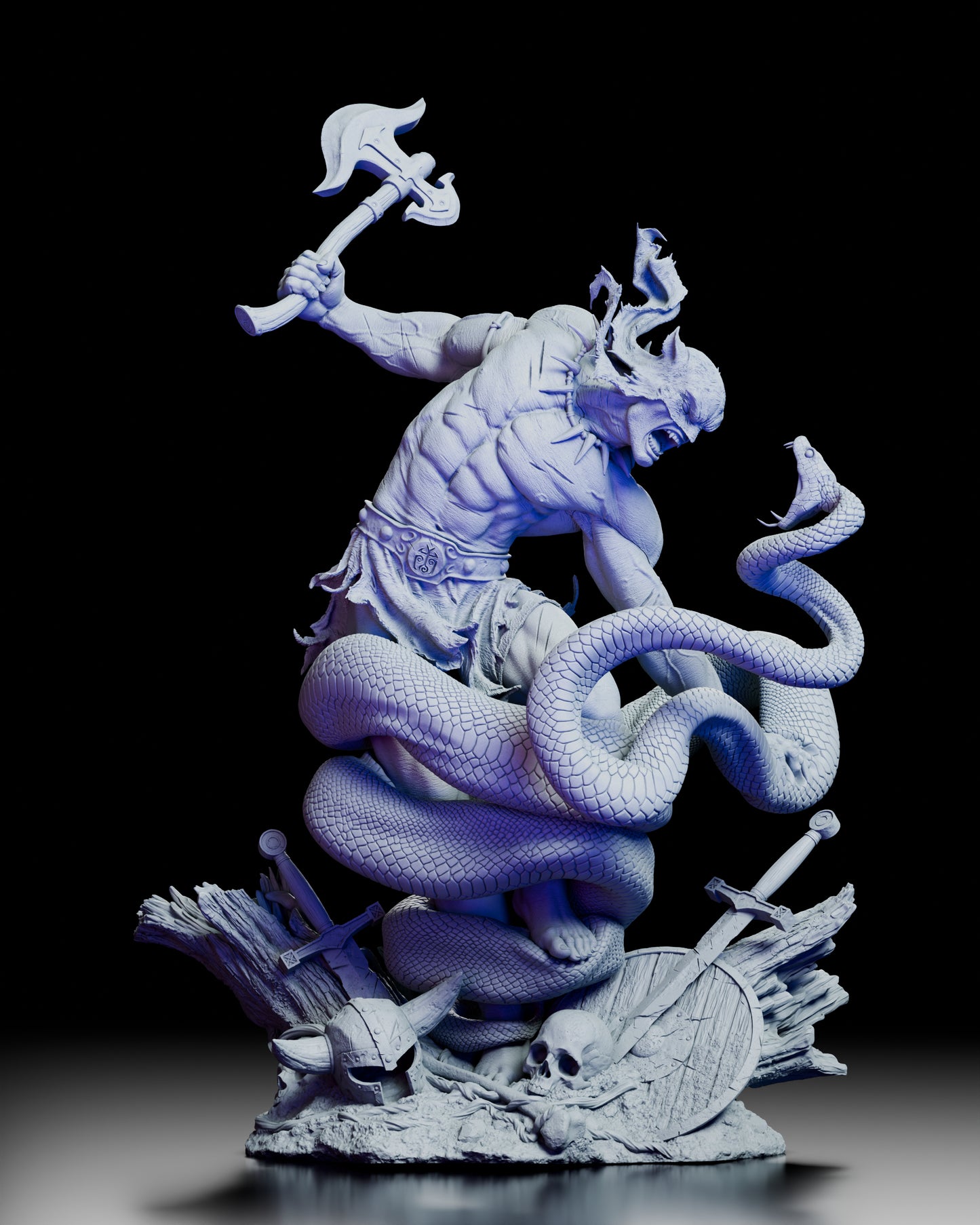 Front view of The Jaguar God raising a ceremonial axe while battling a massive coiling serpent
