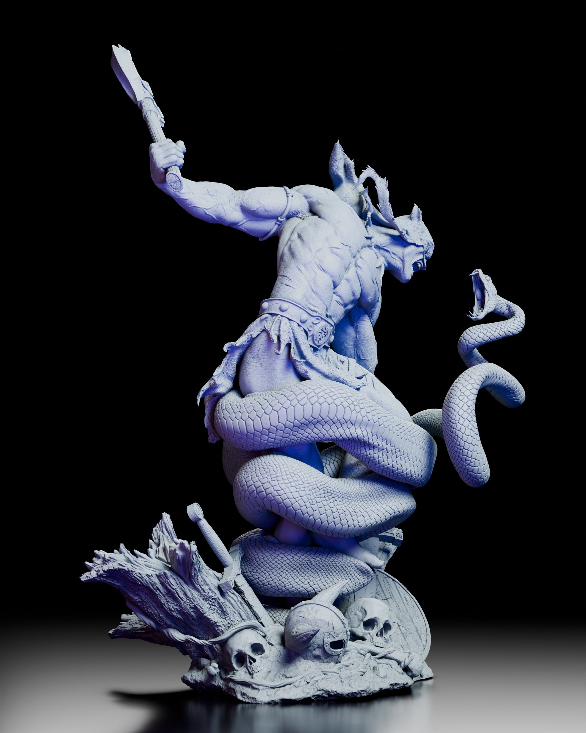 Right angle view showcasing the raised axe and battlefield debris beneath the figure

