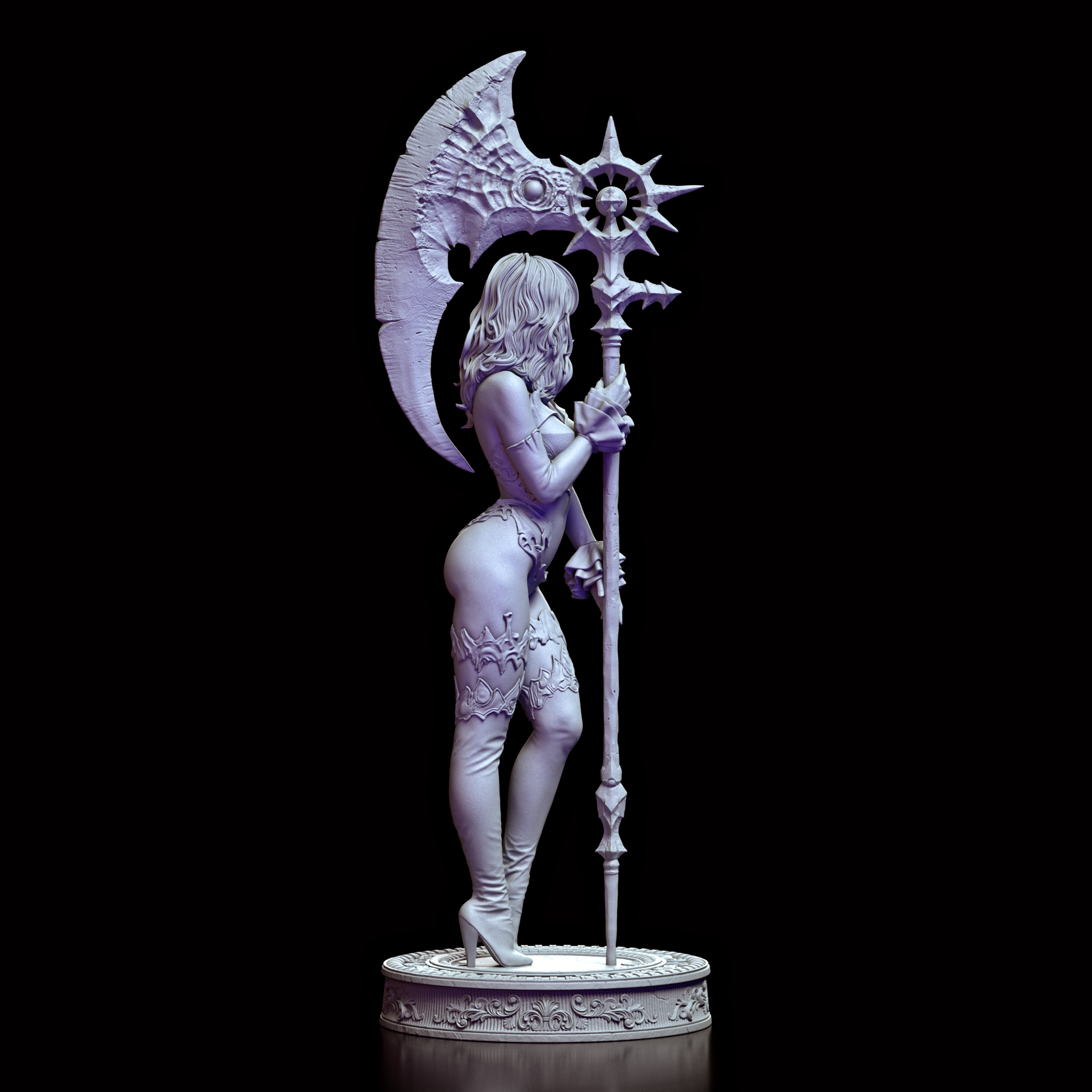 Rear view of the Kaelira model kit, featuring beautifully sculpted hair, armor engravings, and an elegantly posed stance.