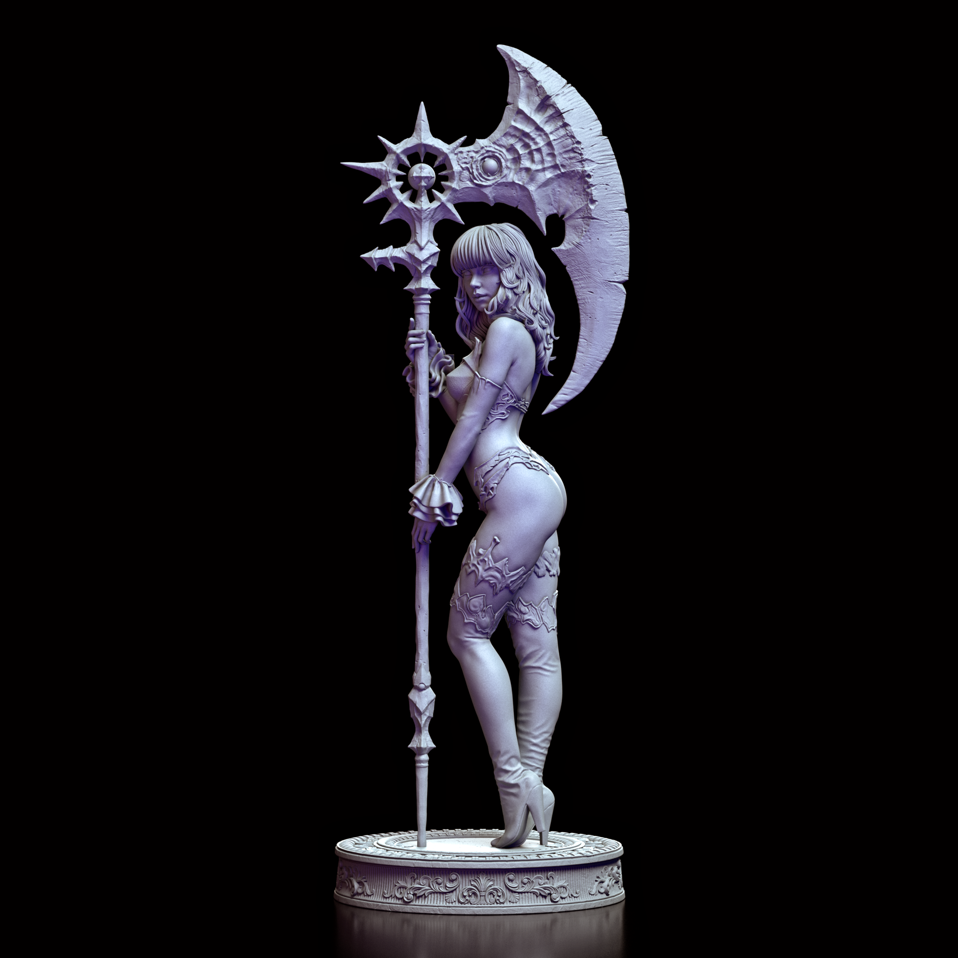 Front view of the Kaelira figure model kit, showcasing her intricate gothic armor and imposing scythe.