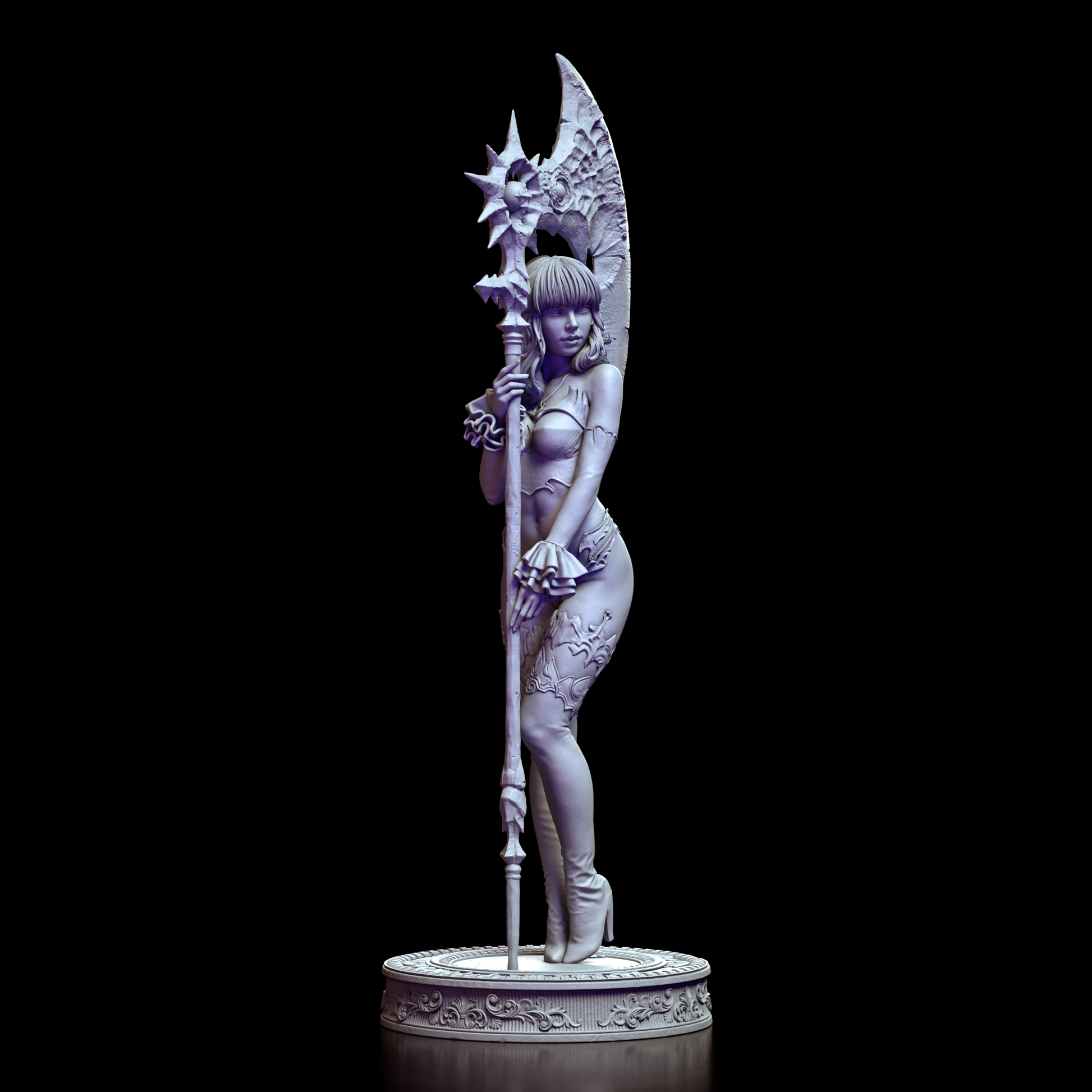 Left side view of the Kaelira figure, revealing ornate details in her sculpted lacework and powerful stance.