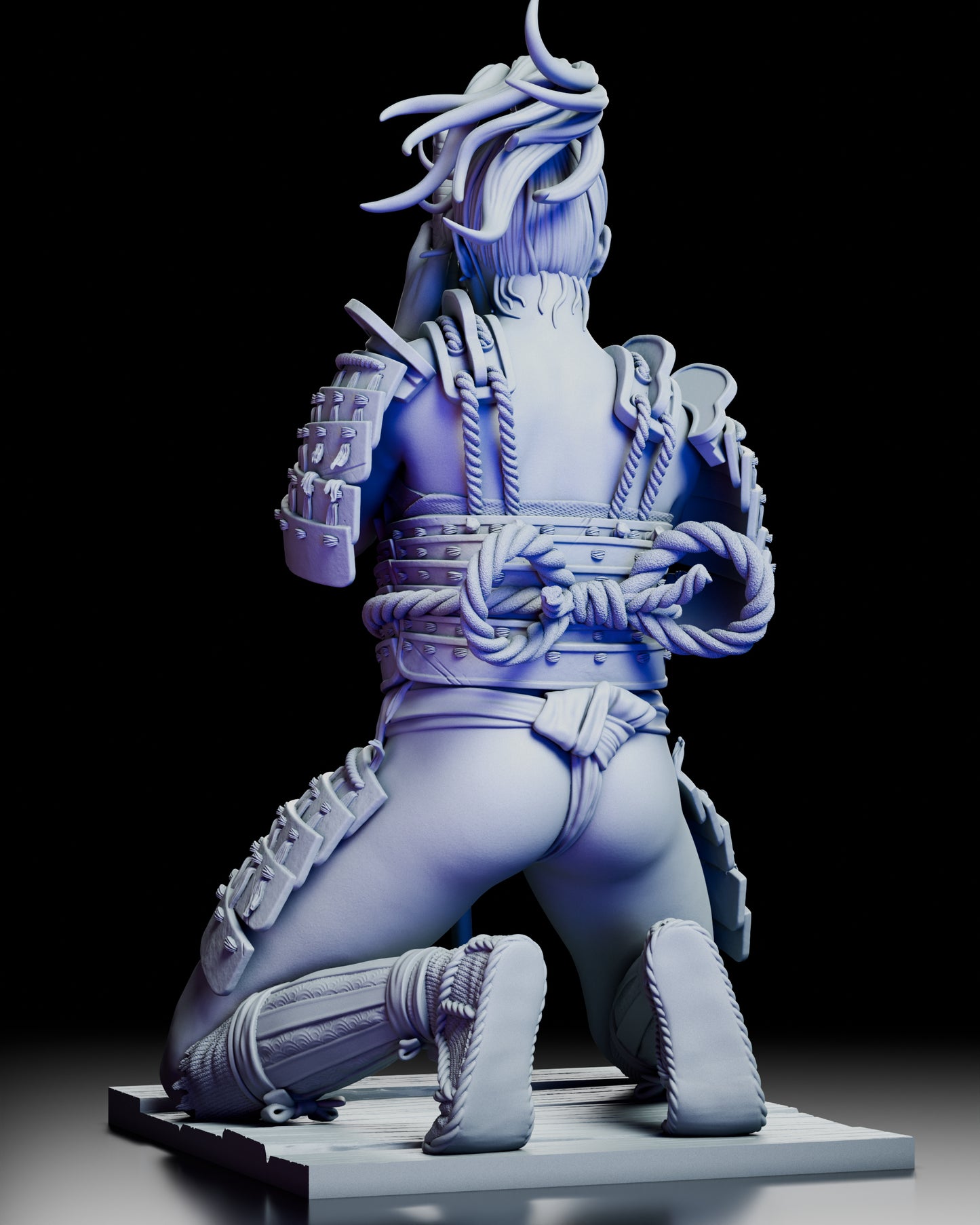 Back view of the Kinjo figure kit showing detailed rope bindings, flowing hair, and layered armor in a kneeling pose.