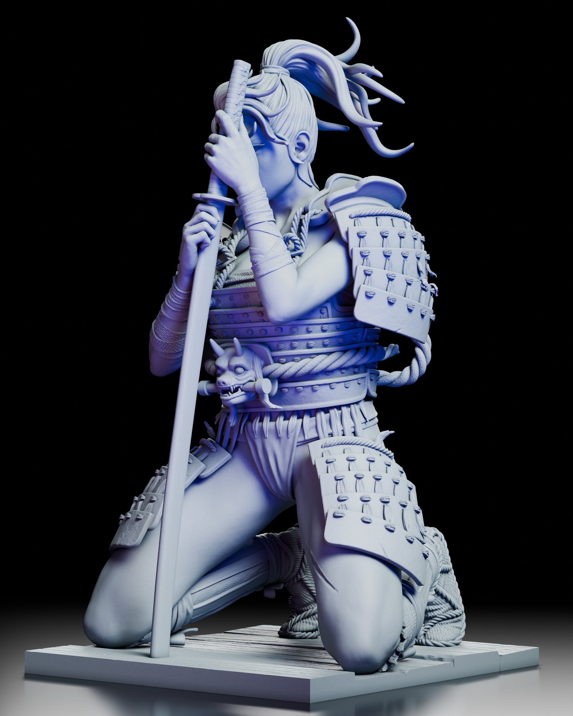 Left-angle view of the Kinjo figure kit highlighting the armor plates, hair movement, and ceremonial posture.
