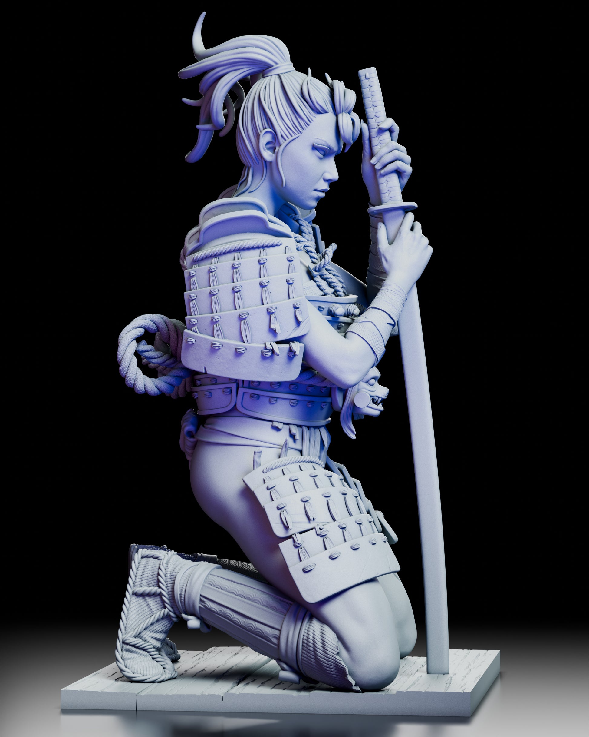 Right-angle view of the Kinjo figure kit showcasing detailed armor sculpting, rope accents, and the grounded katana.