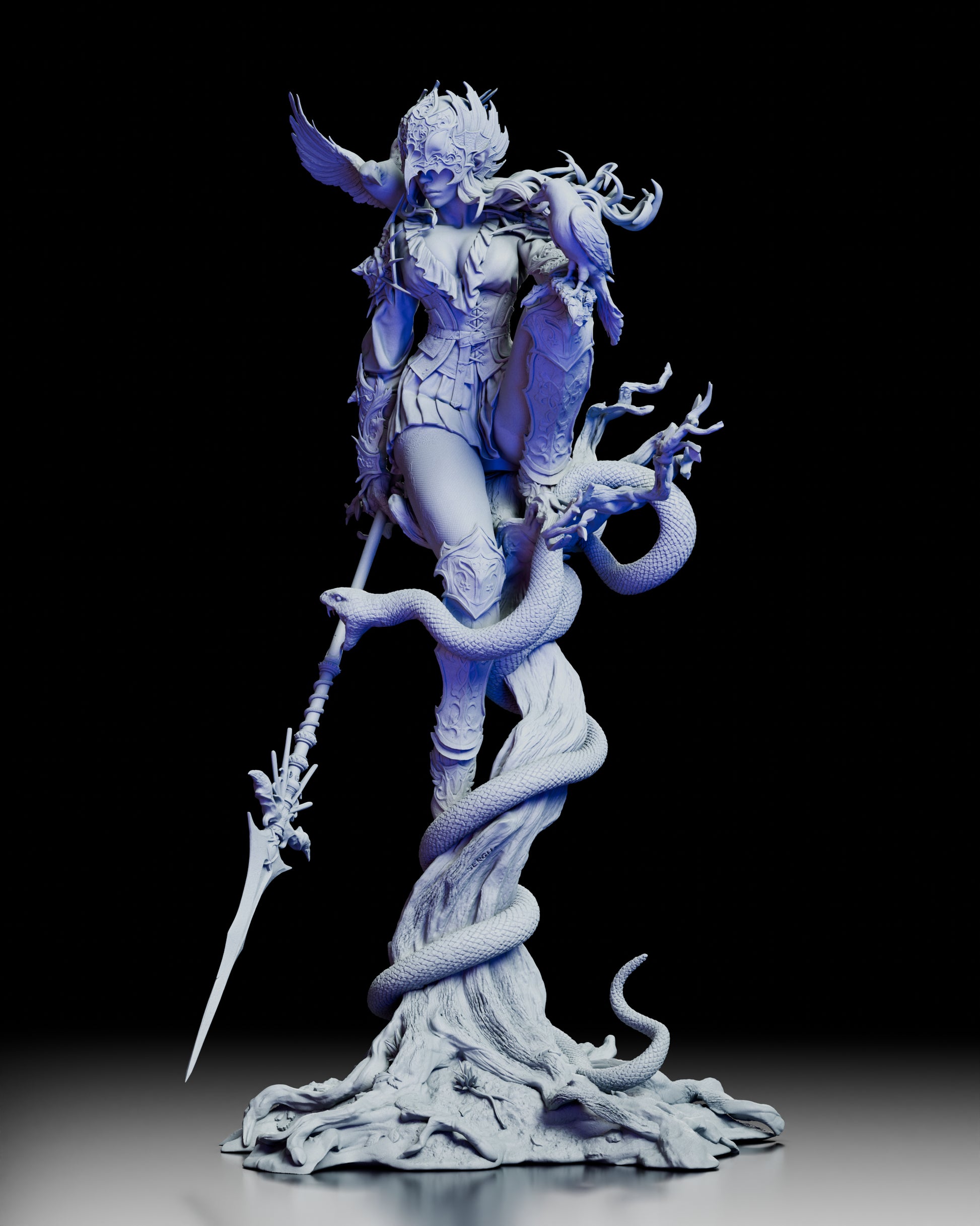 The Queen of Crows figure viewed from the left side, highlighting the intricate design of the snake and tree base.