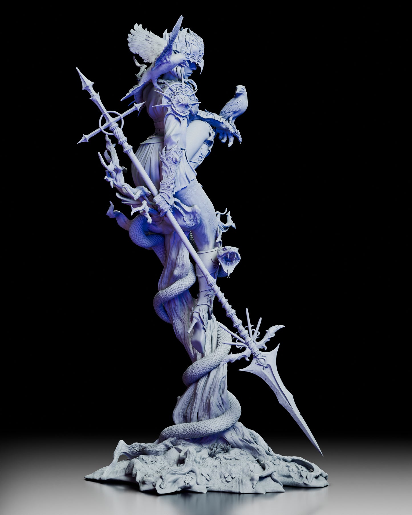 The Queen of Crows miniature viewed from the right side, showing a crow perched on her arm and another in flight.