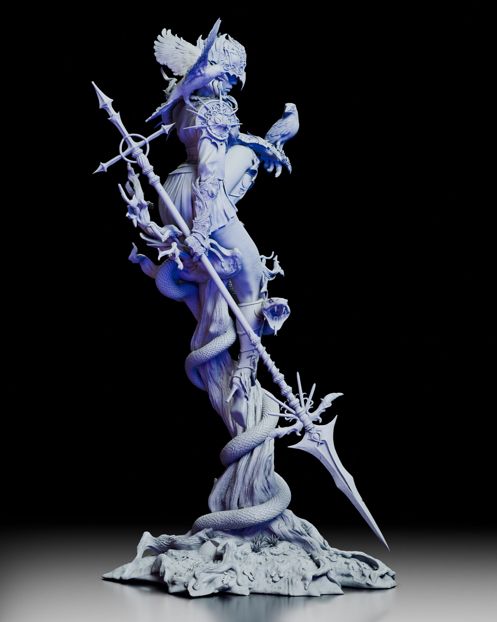 The Queen of Crows miniature viewed from the right side, showing a crow perched on her arm and another in flight.