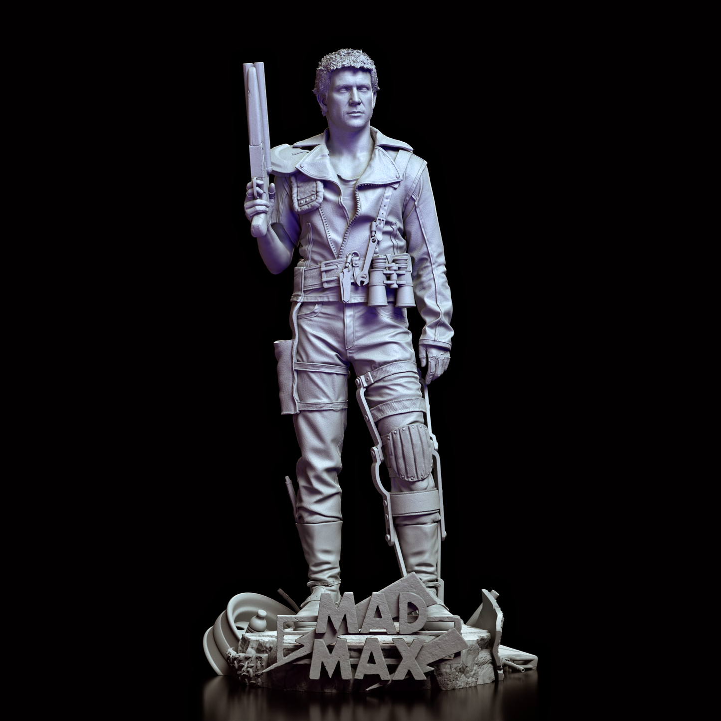 Front view of the Mad Max figure model kit, featuring detailed sculpting of his iconic survival gear and shotgun.