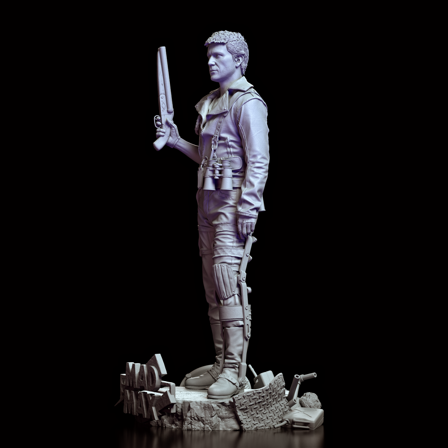 Left side view of the Mad Max figure model kit, showcasing the intricate leather jacket, shotgun, and wasteland base details.