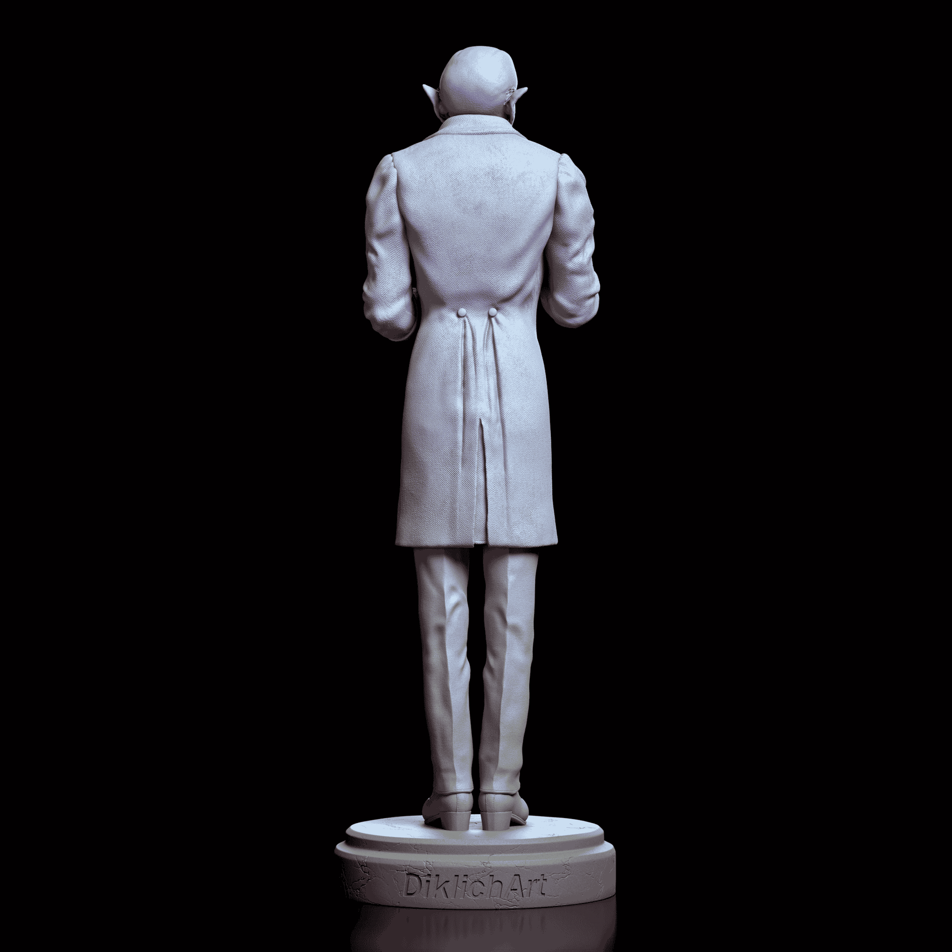 Back view of Count Orlok figure revealing coat seam details and posture with base marked Dicklich Art