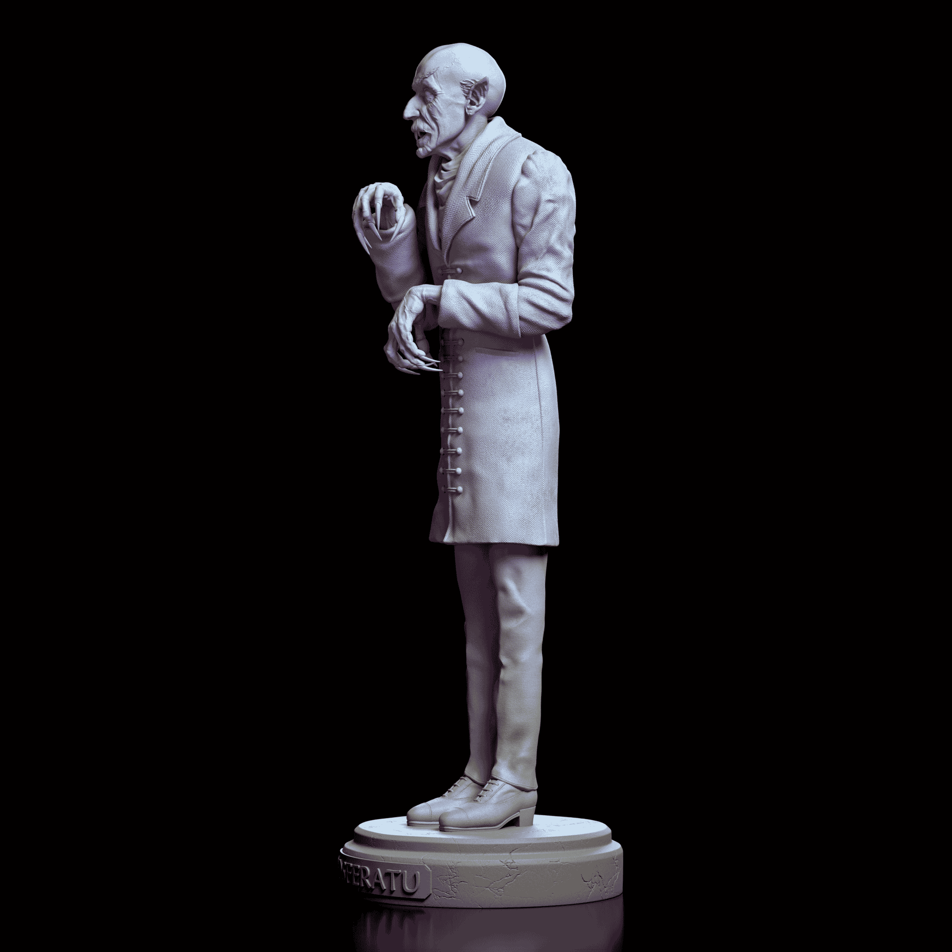 Left side view of Nosferatu showing sharp profile, hunched shoulders, and sculpted coat folds